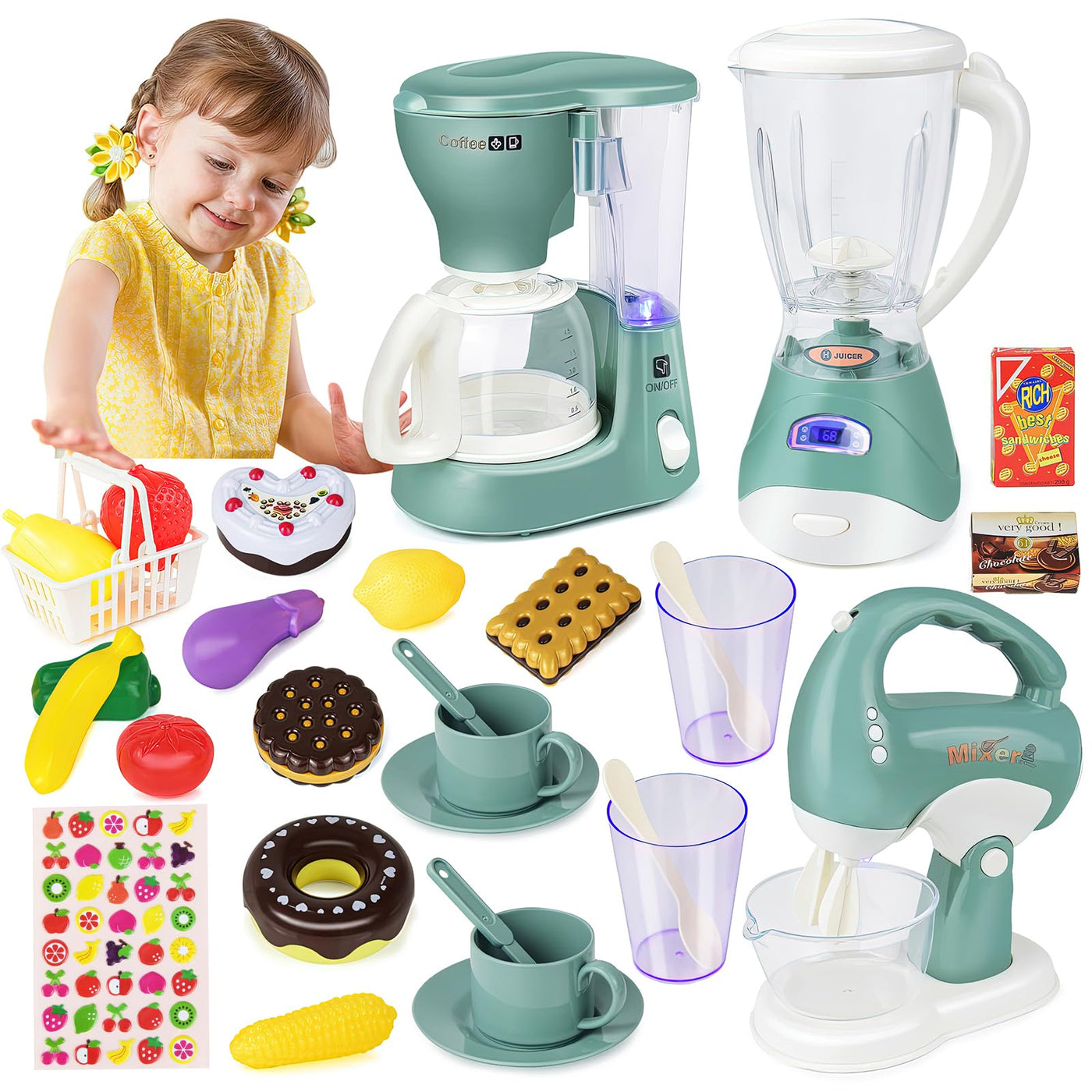 Set de Jeux de Cuisine Pour Enfants, Jouet pour Enfants à partir de 3 Ans, Accessoires de Cuisine de Jeu avec Machine à Café, Mixeur, Mixeur, Jouet de Cuisine, Jeu de Rôle