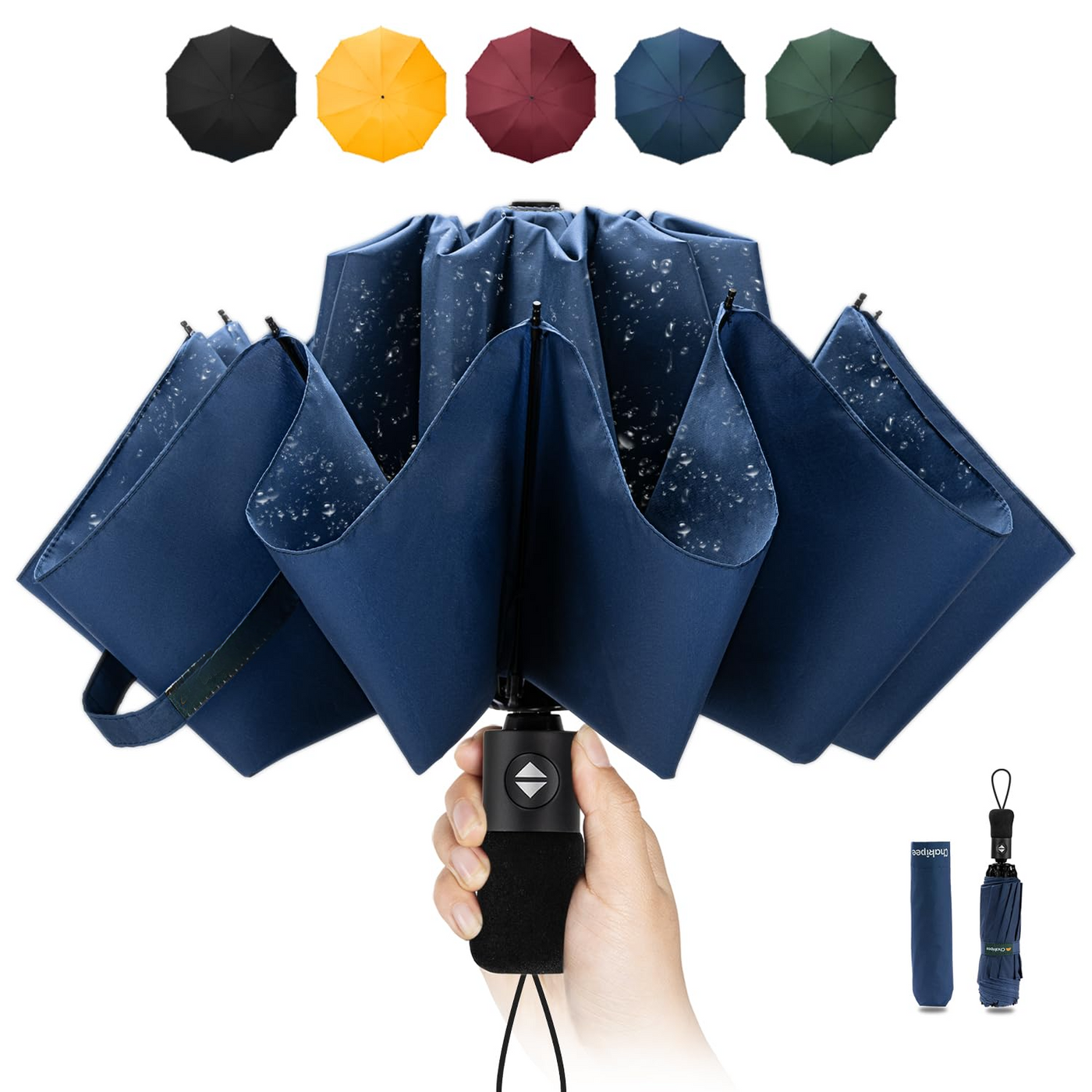 Compact Travel Umbrella Large Stormproof - Inverted folding umbrella, automatic pocket umbrella for rain