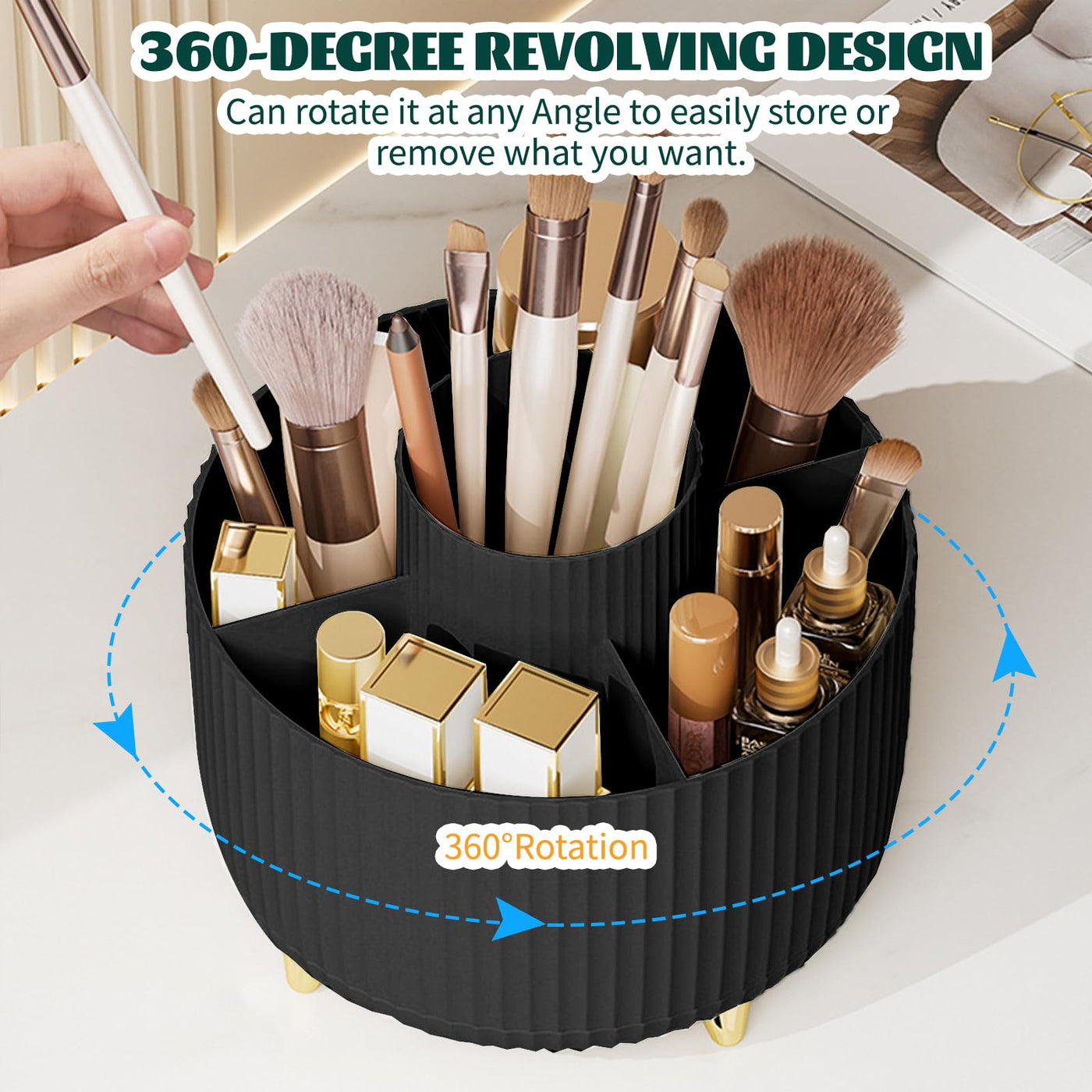360° Make up Organizer, Brush Holder Cosmetic Storage with 5 compartments
