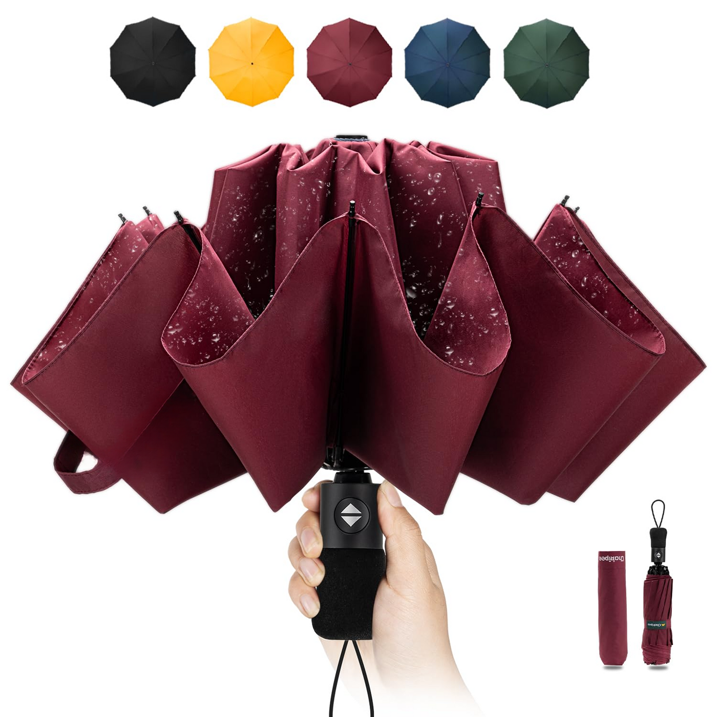 Compact Travel Umbrella Large Stormproof - Inverted folding umbrella, automatic pocket umbrella for rain