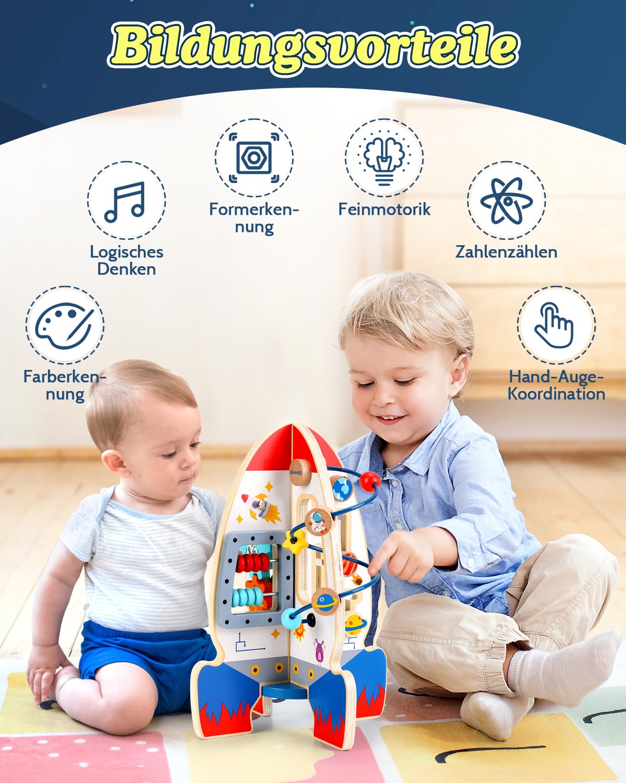 Raketenspielzeug Motorik-Würfel, Baby-Holzspielzeug, Motorik-Würfel, 6-in-1