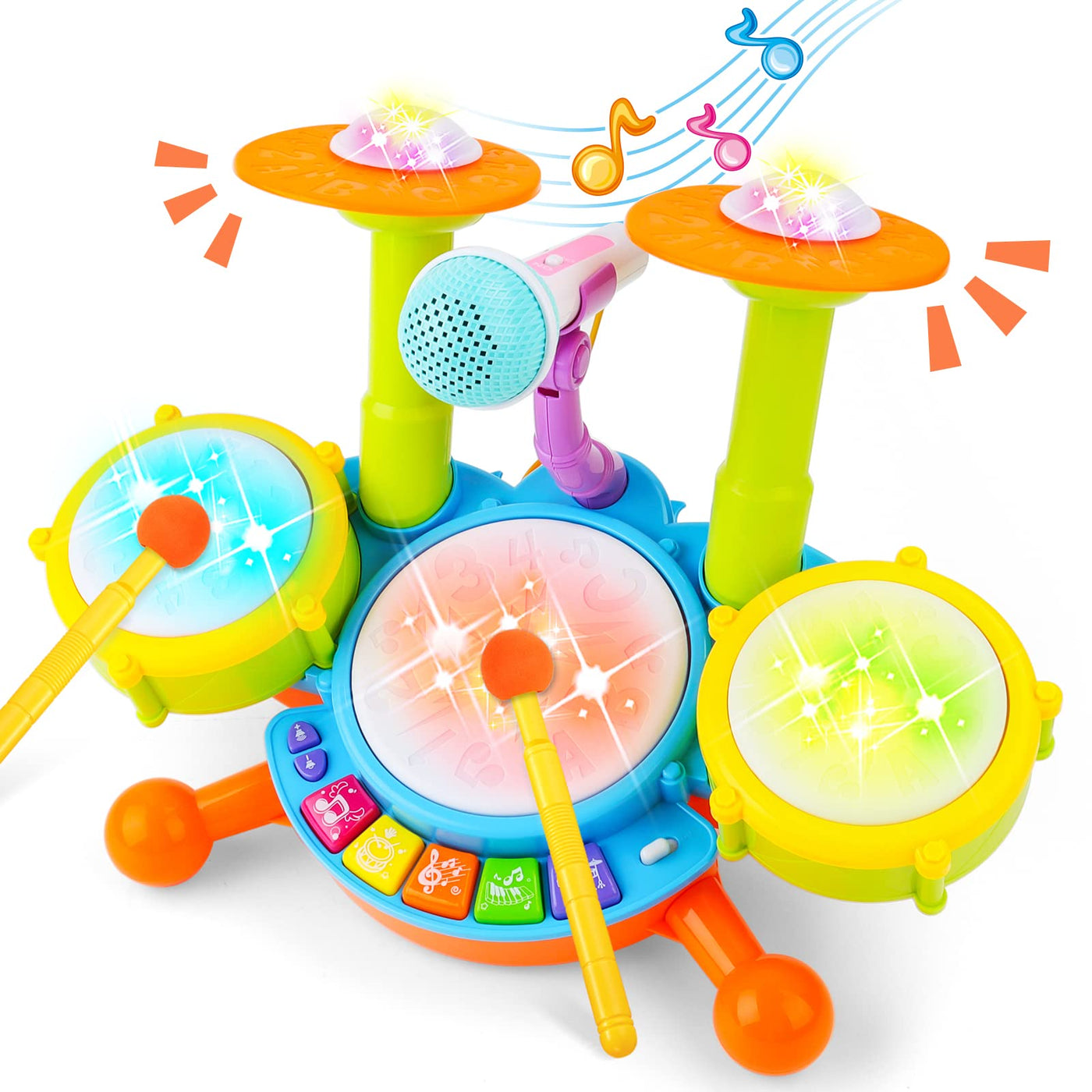 Beginner musical table drums play set with drumsticks, microphone, light functions, interactive music and sounds