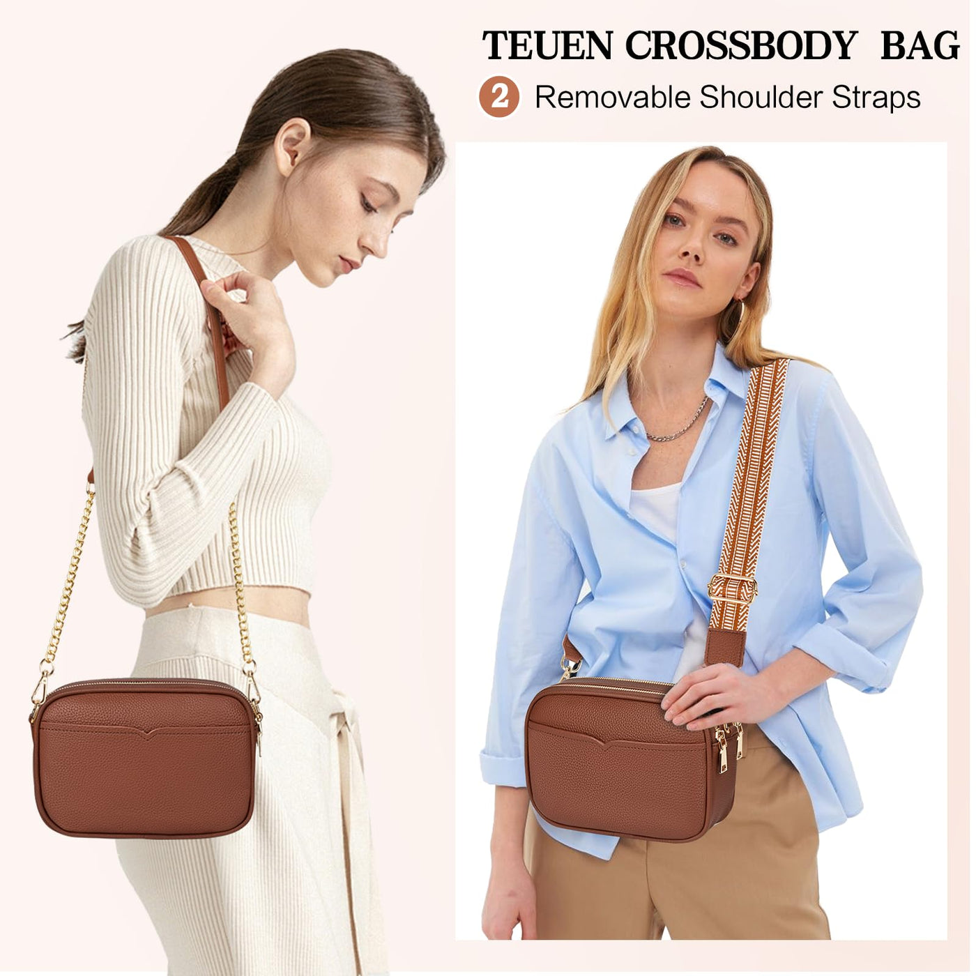 Small crossbody bag Elegant shoulder bag with 2 detachable wide shoulder straps