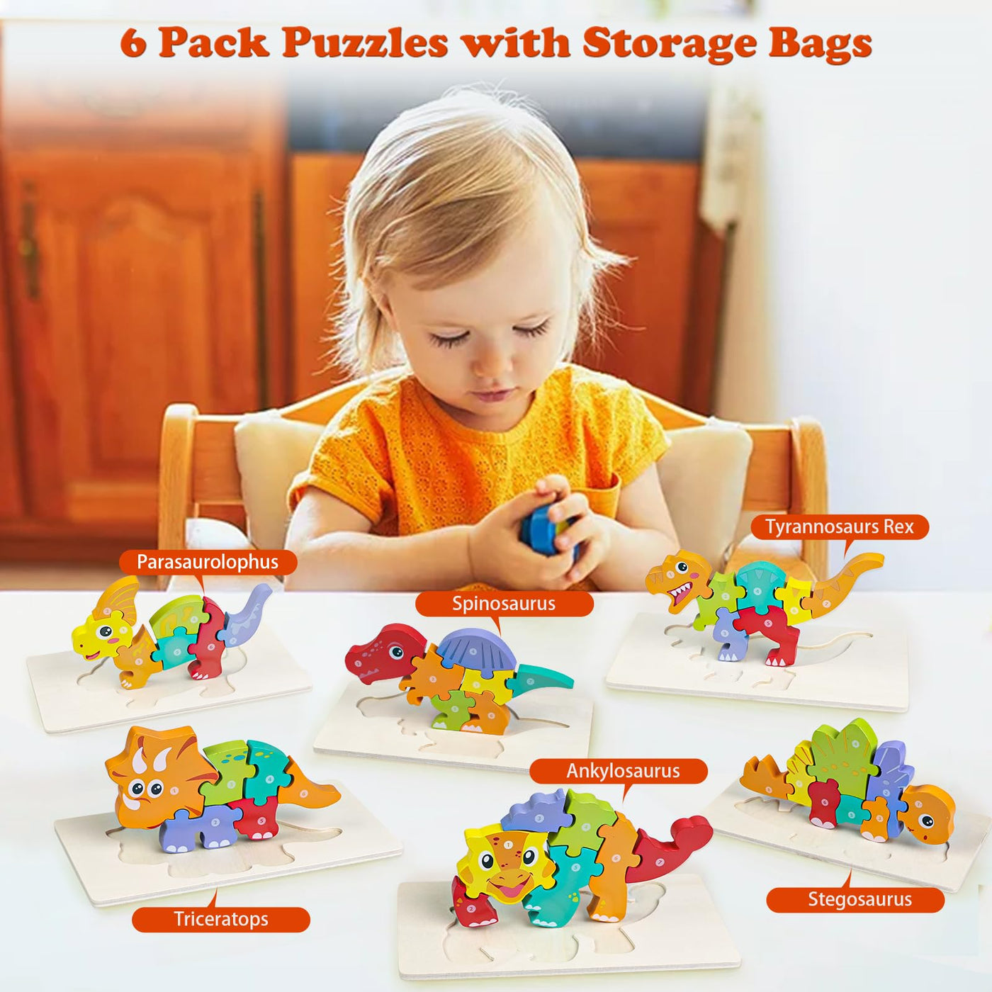 6 piece dinosaur wooden puzzle for children learning educational baby puzzle