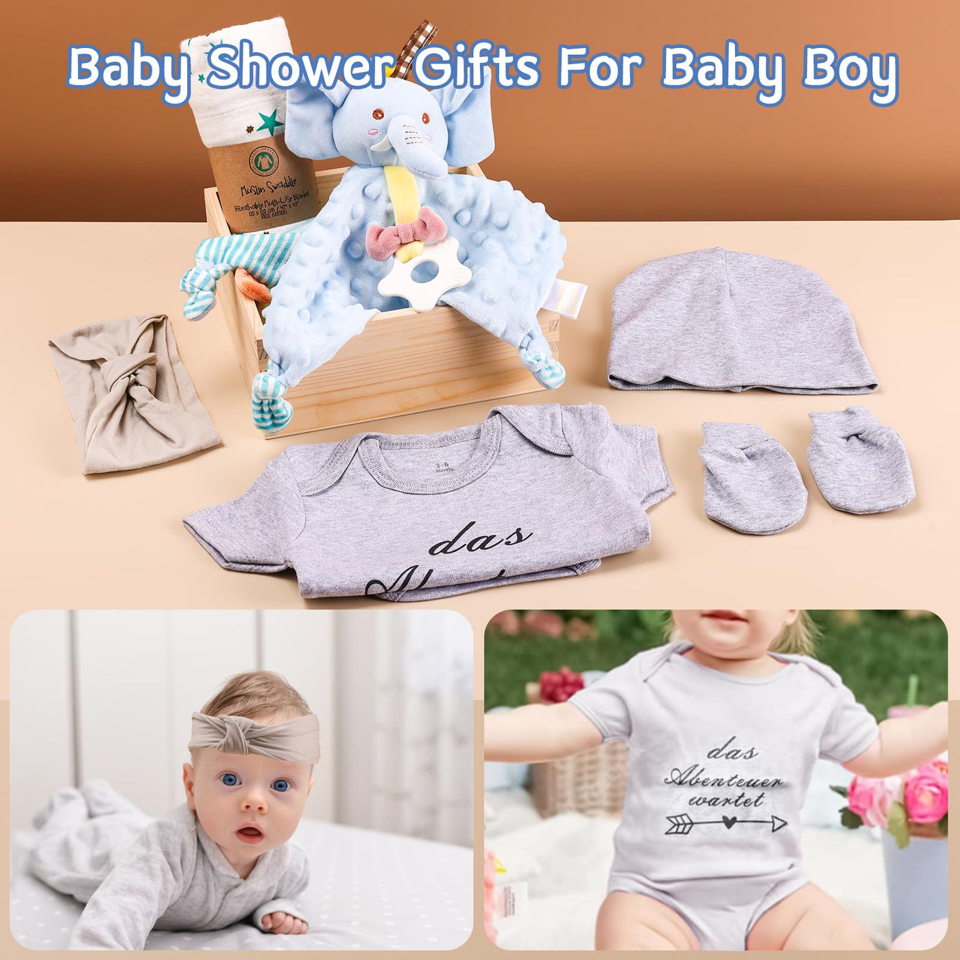 Coffret pour bébé, ensemble 7 en 1 : comprenant une grenouillère, une couverture, une couverture de sécurité, un bonnet pour bébé, des gants pour bébé, un noeud