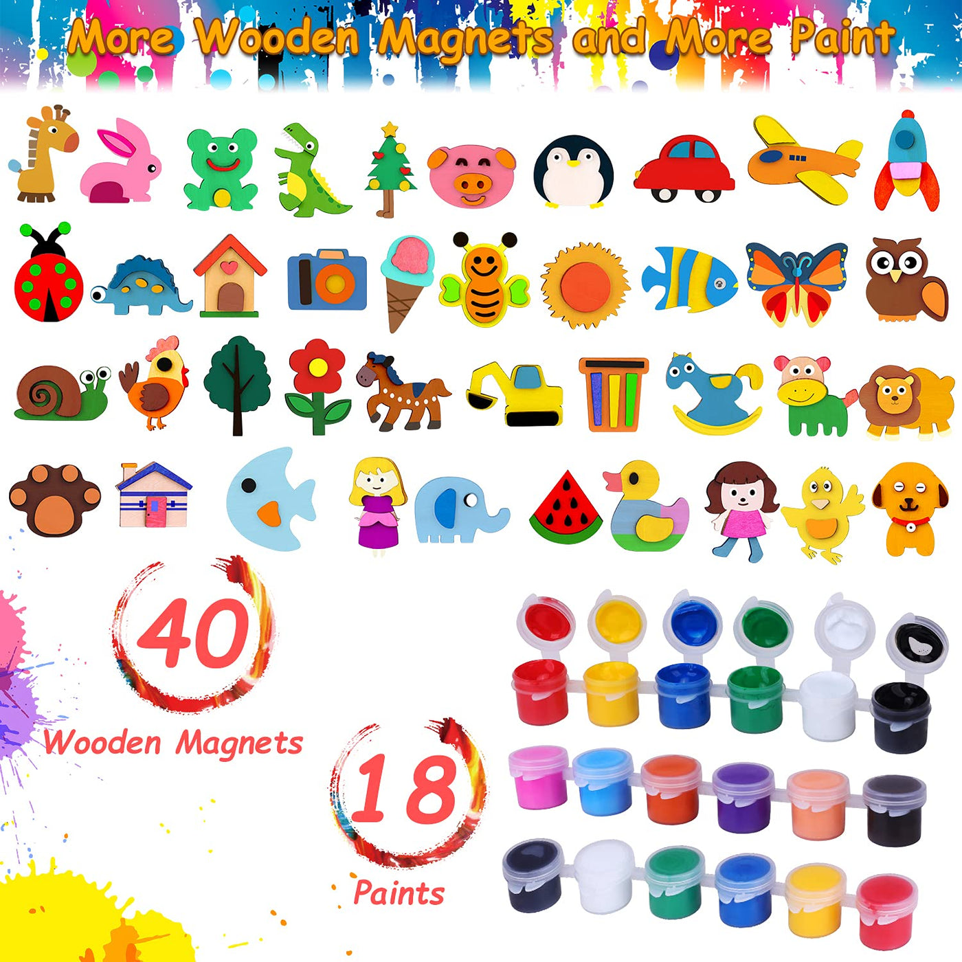 Set de peinture pour enfants, set de bricolage pour enfants 40 pièces aimant frigo pour peinture et bricolage aimant en bois