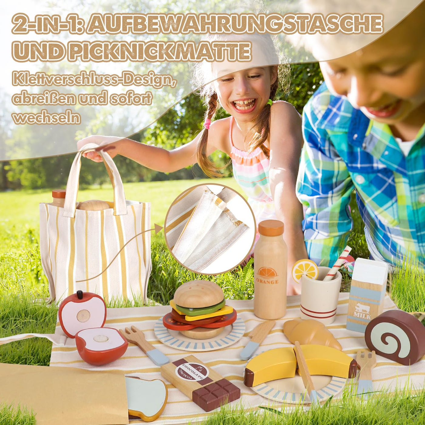 Accessoires de cuisine pour enfants en bois, accessoires de cuisine avec dessert aux fruits, jouet, jouet de pique-nique avec connexion Velcro, jouet en bois