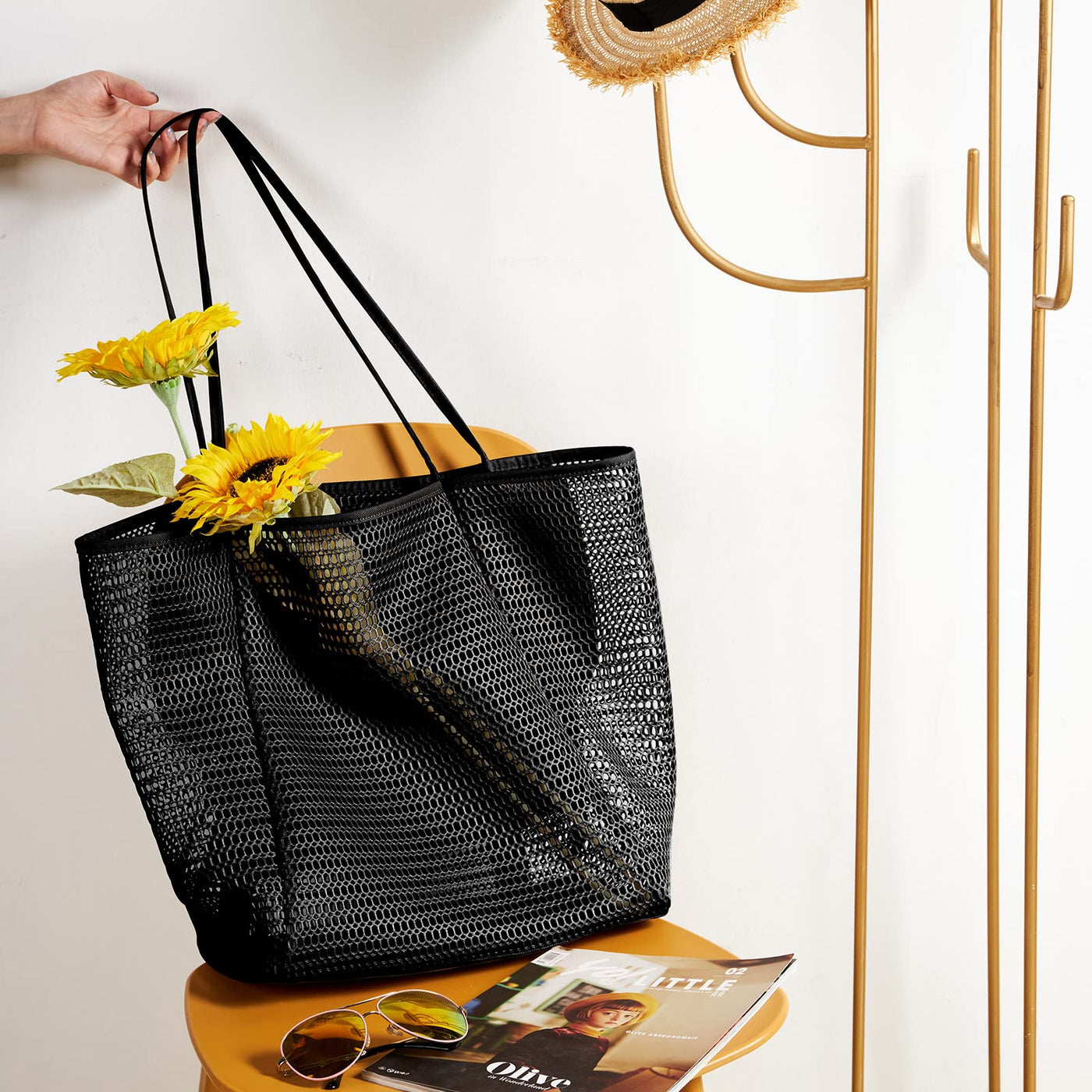 Sac de plage en maille avec poche intérieure zippée, sac à bandoulière pour femmes, sac de natation, sacs à main pliables