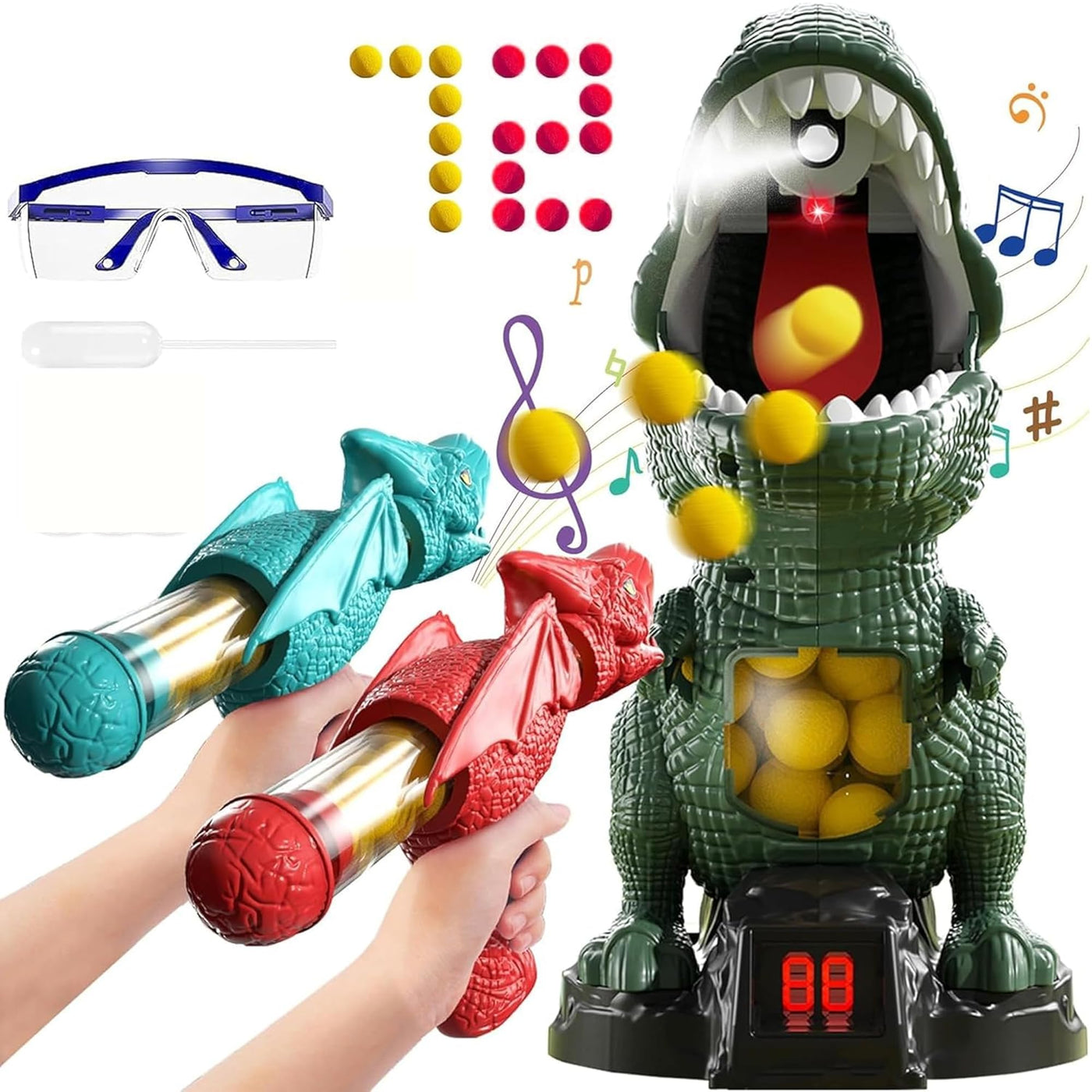 Dinosaur Shooting Toy with 2 Air Shooting Guns, Movable Shooting Toy Guns Target with 72 Foam Balls with Spray Function, LED Counter, Sound
