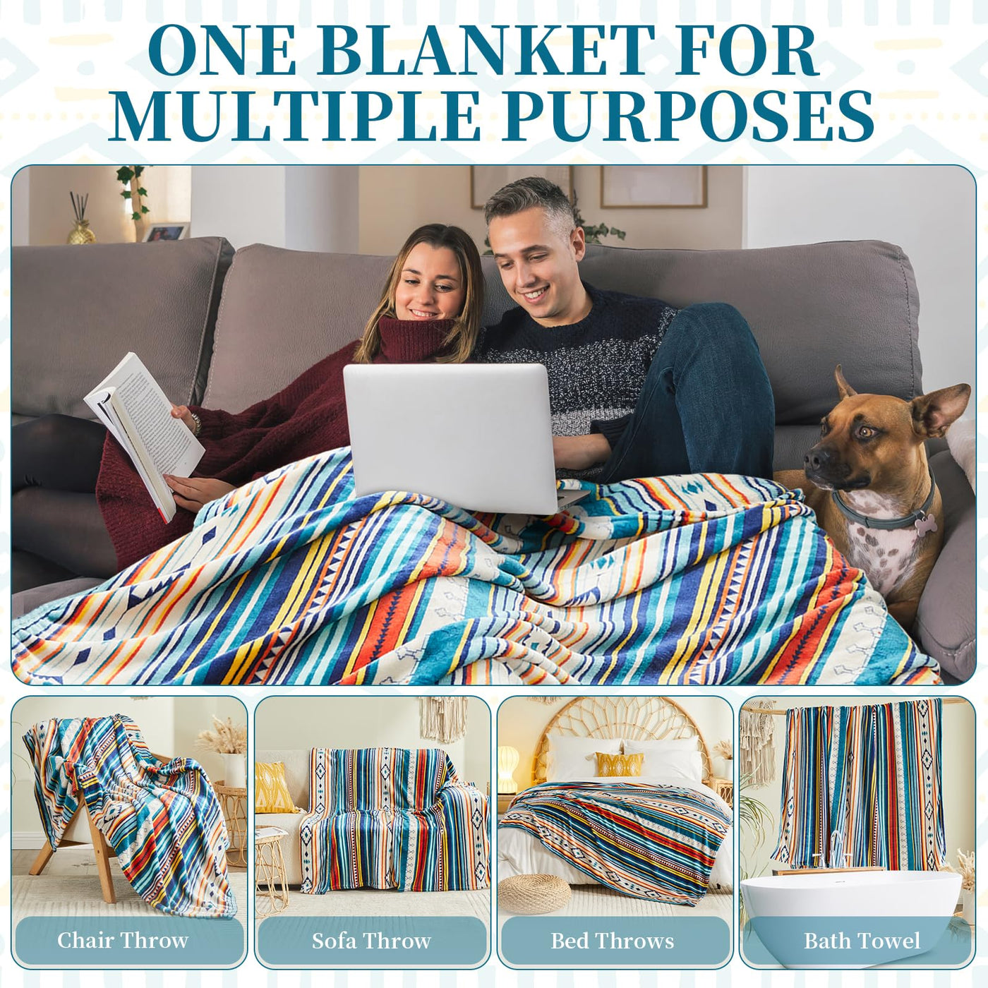 Kuscheldecke, Wohndecke Boho Decke Buntes Streifenmuster