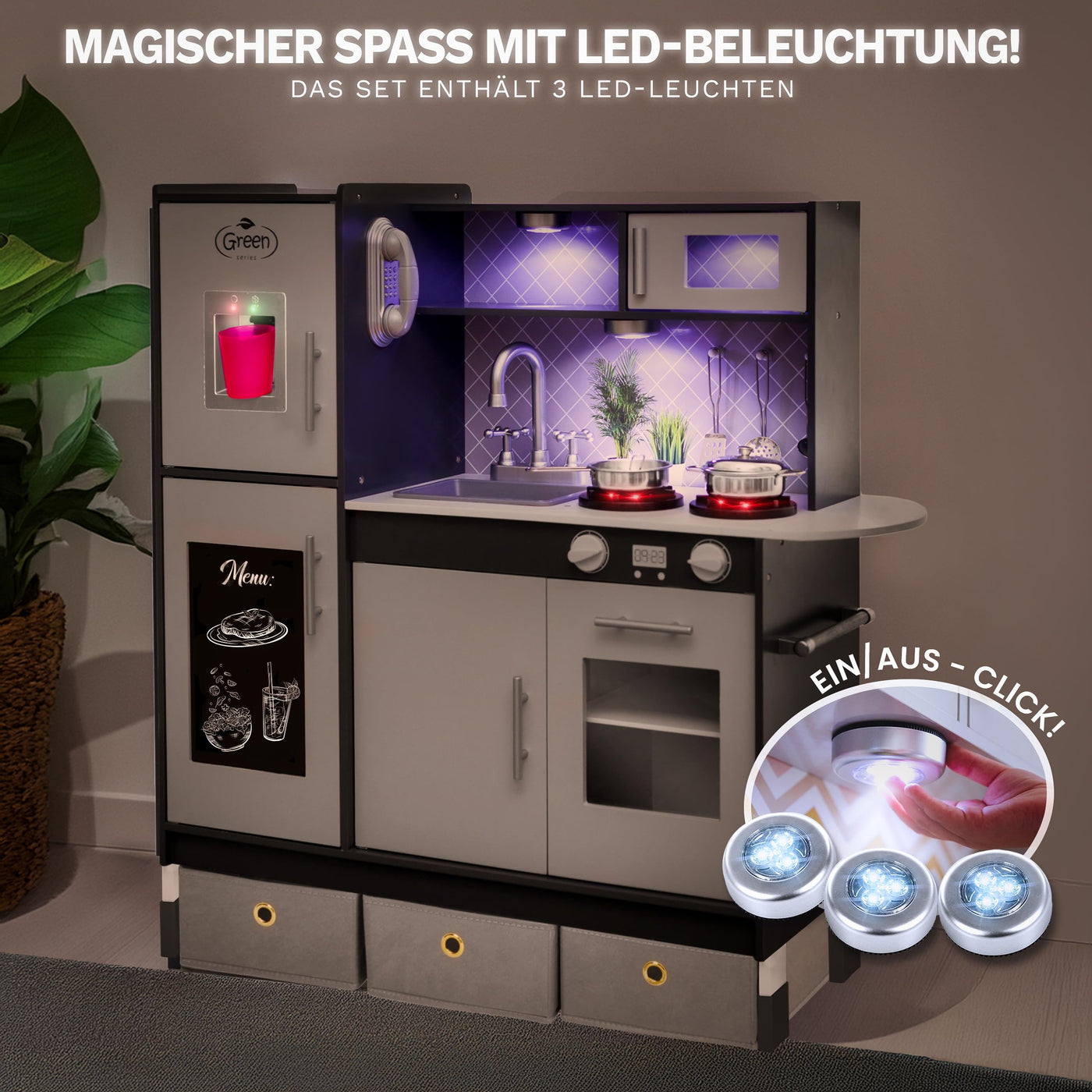 Grande Cuisine Ludique en Bois – Cuisine Grise pour enfants avec Son et Lumière, Cuisine Ludique de 83 à 97 cm de hauteur jusqu'au plan de travail de 46 à 60 cm