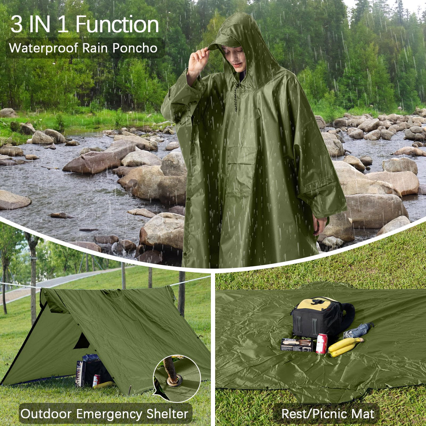 Rain cape Raincoat Rain jacket Waterproof Hiking Cycling Outdoor 3in1 Multipurpose