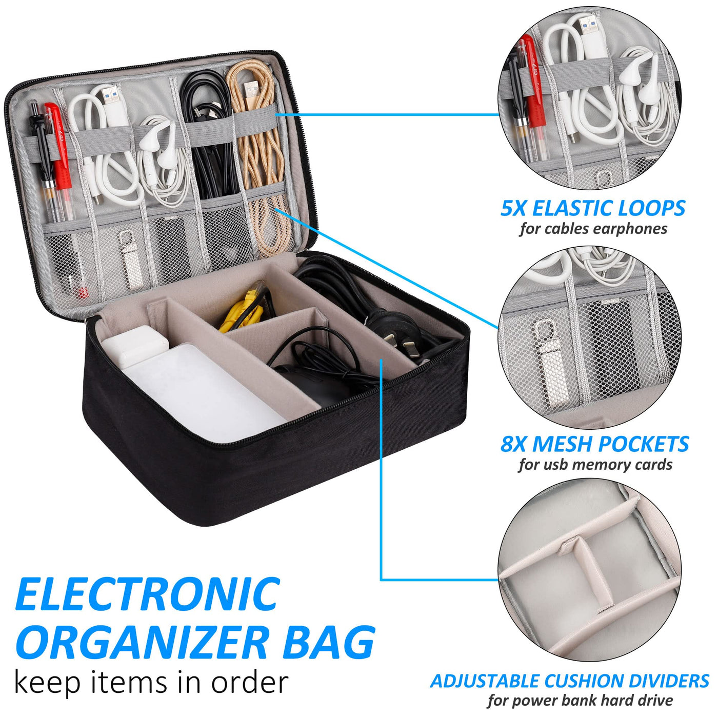 Electronic bag Large organizer for electronic accessories Waterproof cable bag for cables SD cards Hard drives Power bank USB sticks