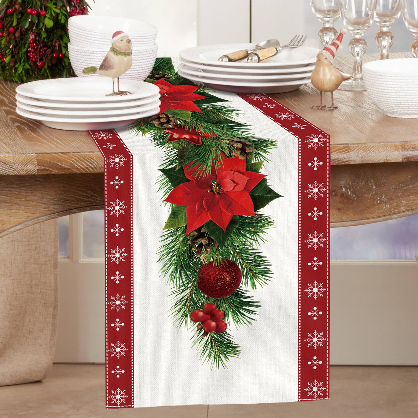 Christmas Table Runner Linen with Flowers Christmas Tree Bells Print, Long Rectangular Christmas Tablecloth for Christmas Dinner Table Decoration