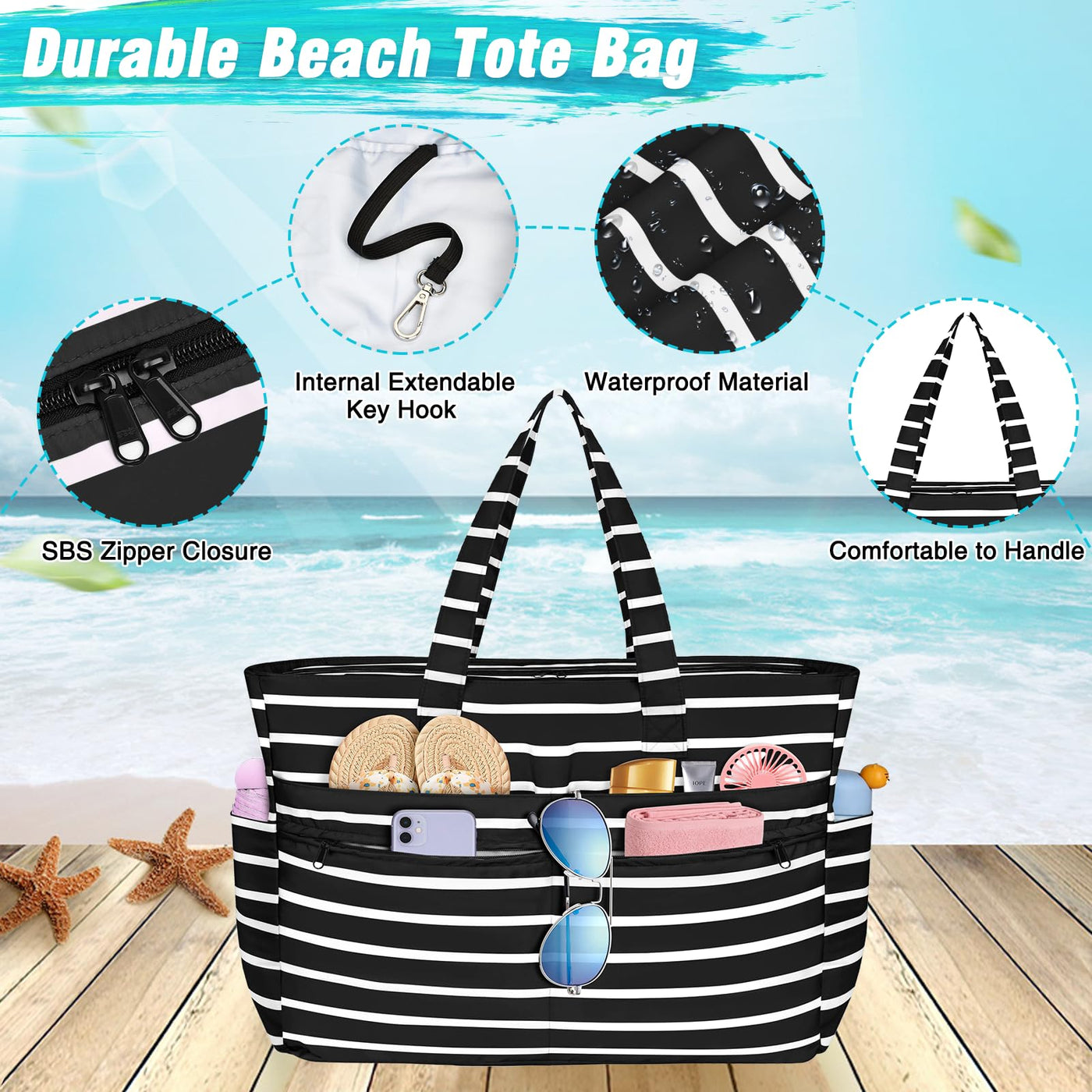 Grand sac de plage imperméable avec fermeture éclair