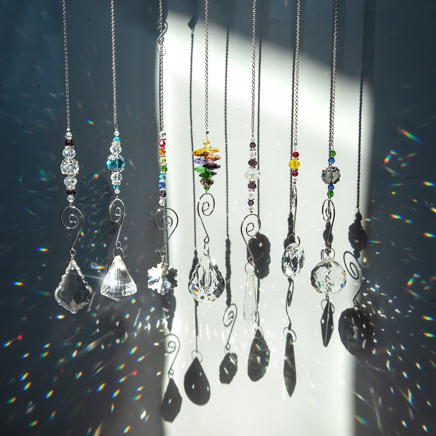 7 pieces crystal rainbow suncatcher glass beads chain hanging Fengshui pendant for window, gardenус