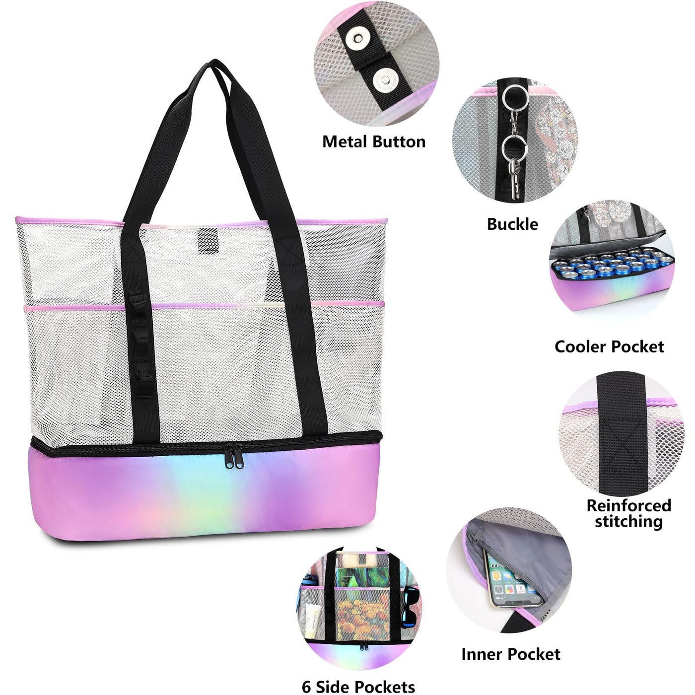 Sac de plage en maille grand pliable avec sac isotherme étanche