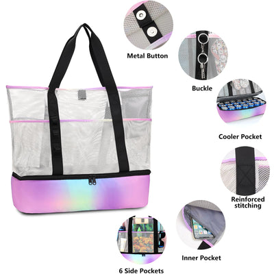 Sac de plage en maille grand pliable avec sac isotherme étanche