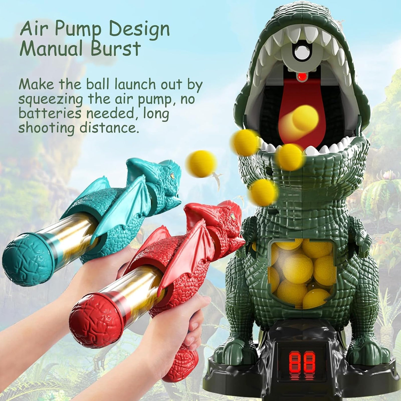 Dinosaur Shooting Toy with 2 Air Shooting Guns, Movable Shooting Toy Guns Target with 72 Foam Balls with Spray Function, LED Counter, Sound