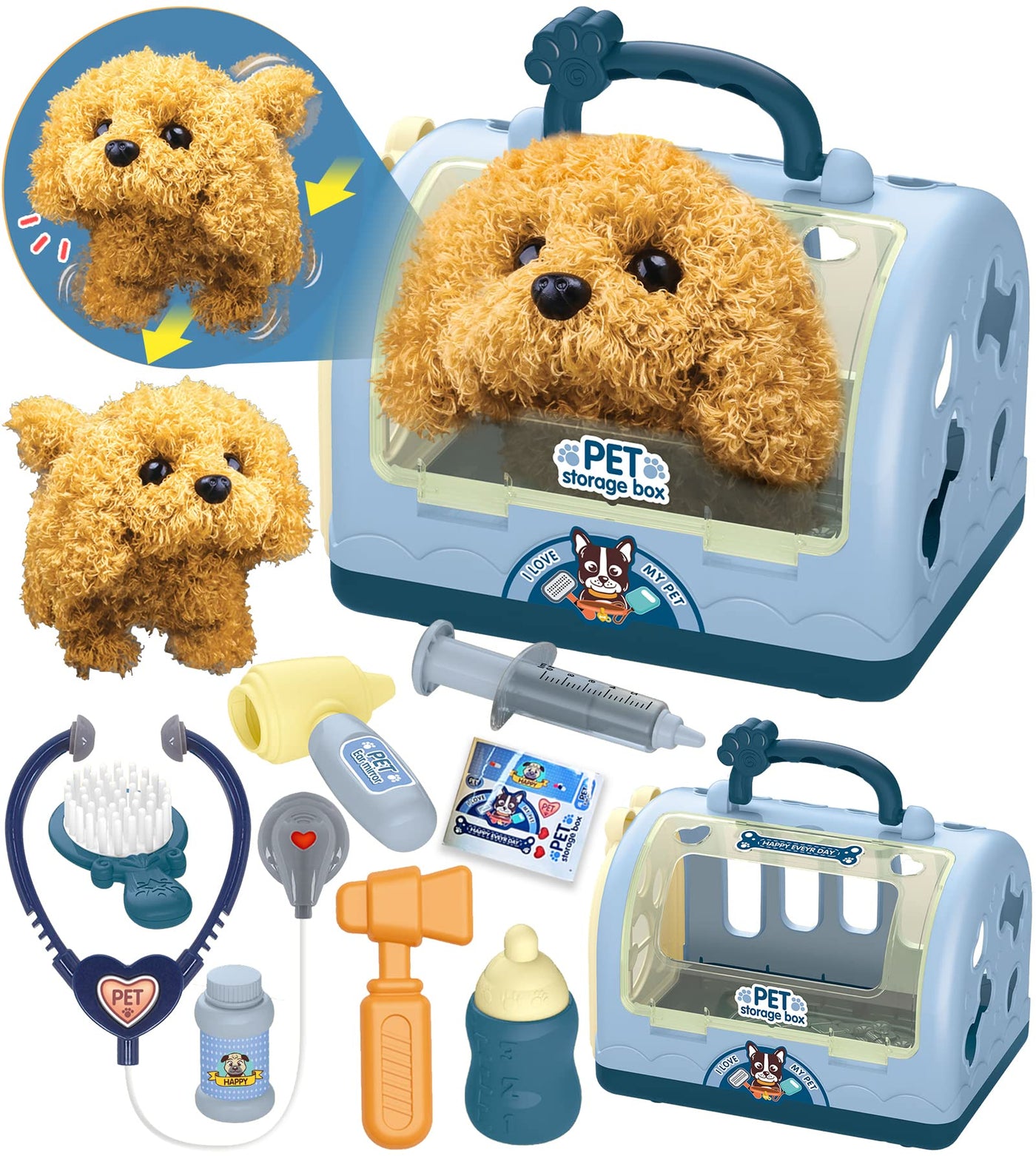 Robot Dog Toy Doctor Suitcase Kids, Vet Toy Kids Role Play 12 pcs with Electronic Dog Runs Barking & Transport Cage