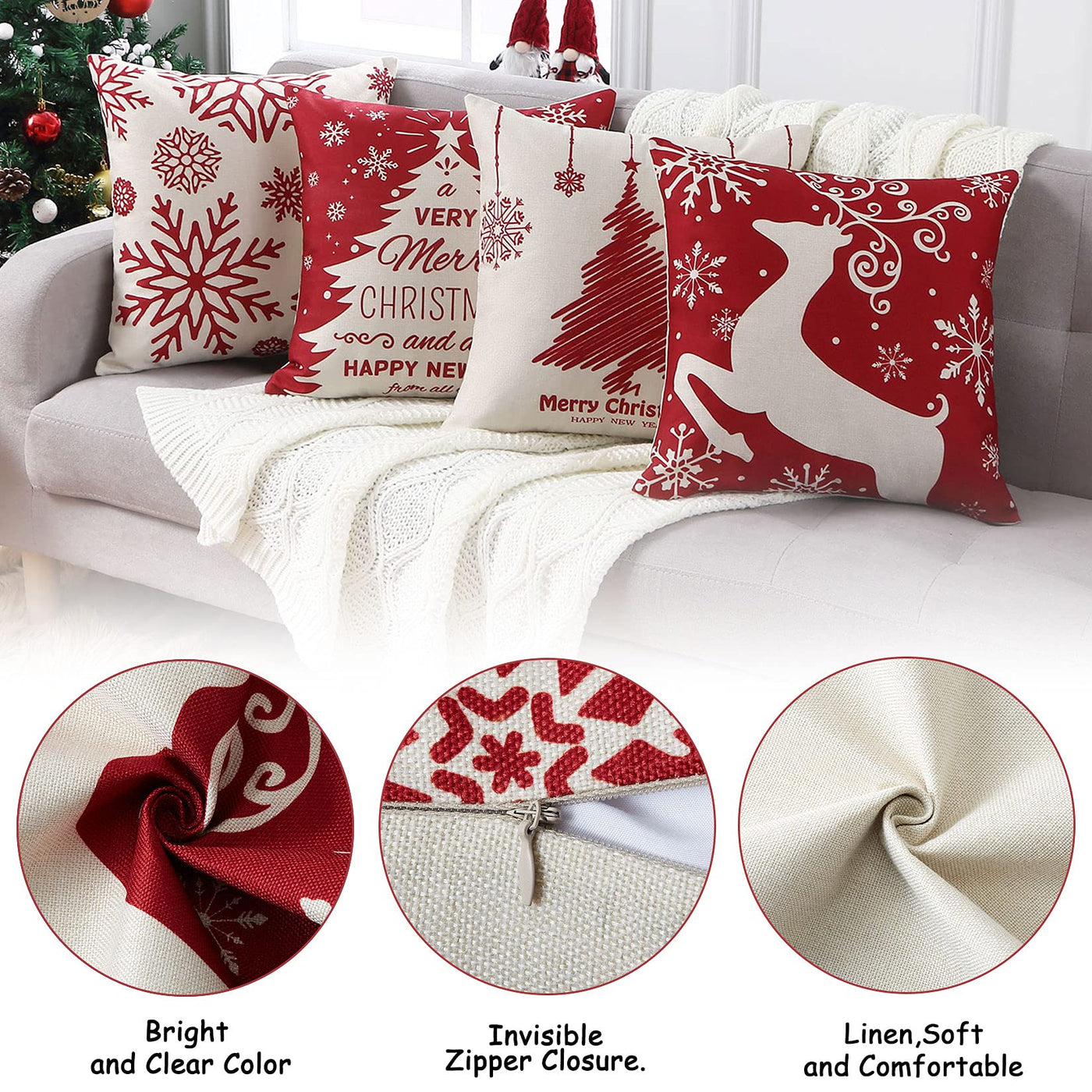 Christmas cushion cover set of 4 linen look cushion covers