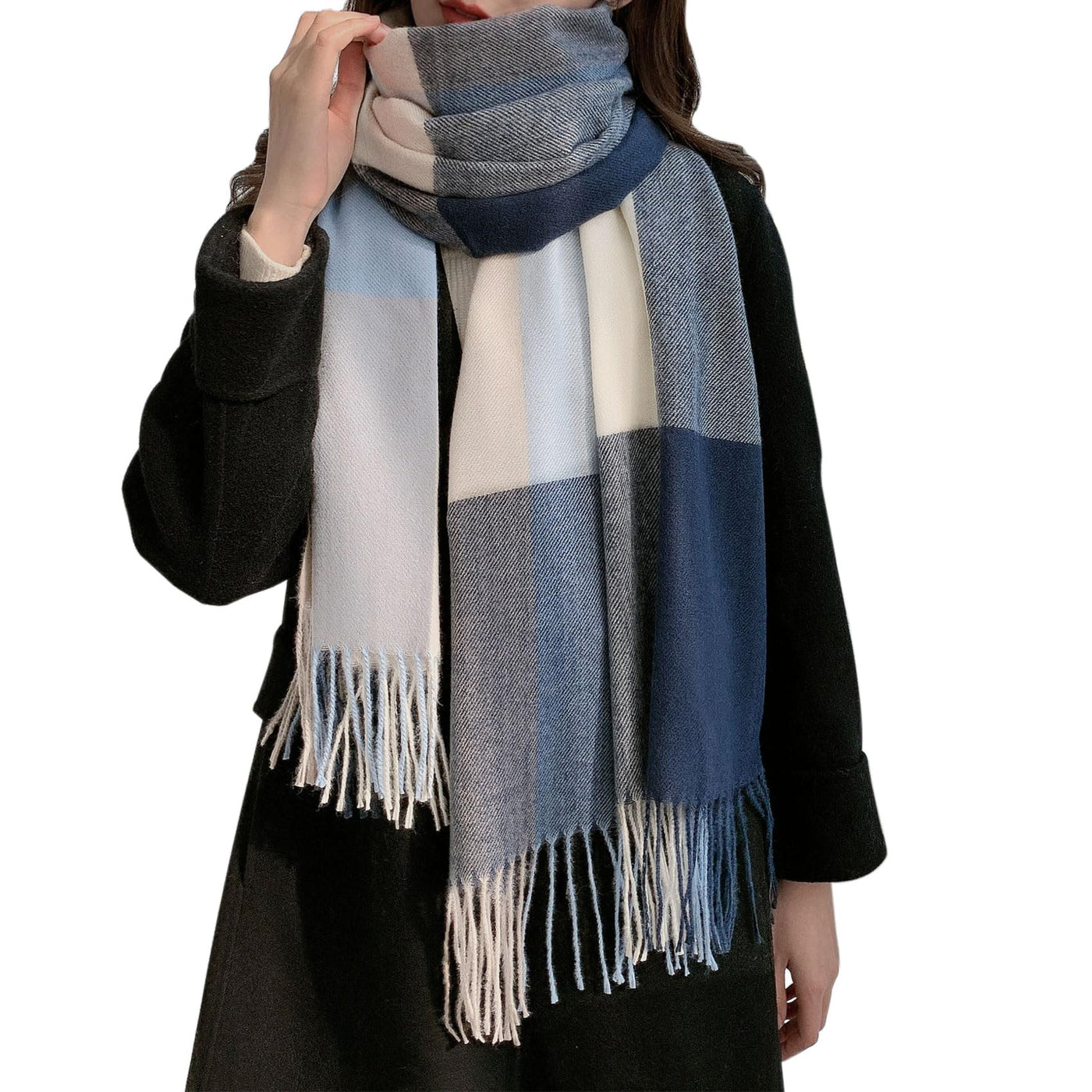 Winter scarf plaid oversized square blanket scarf, fringed poncho