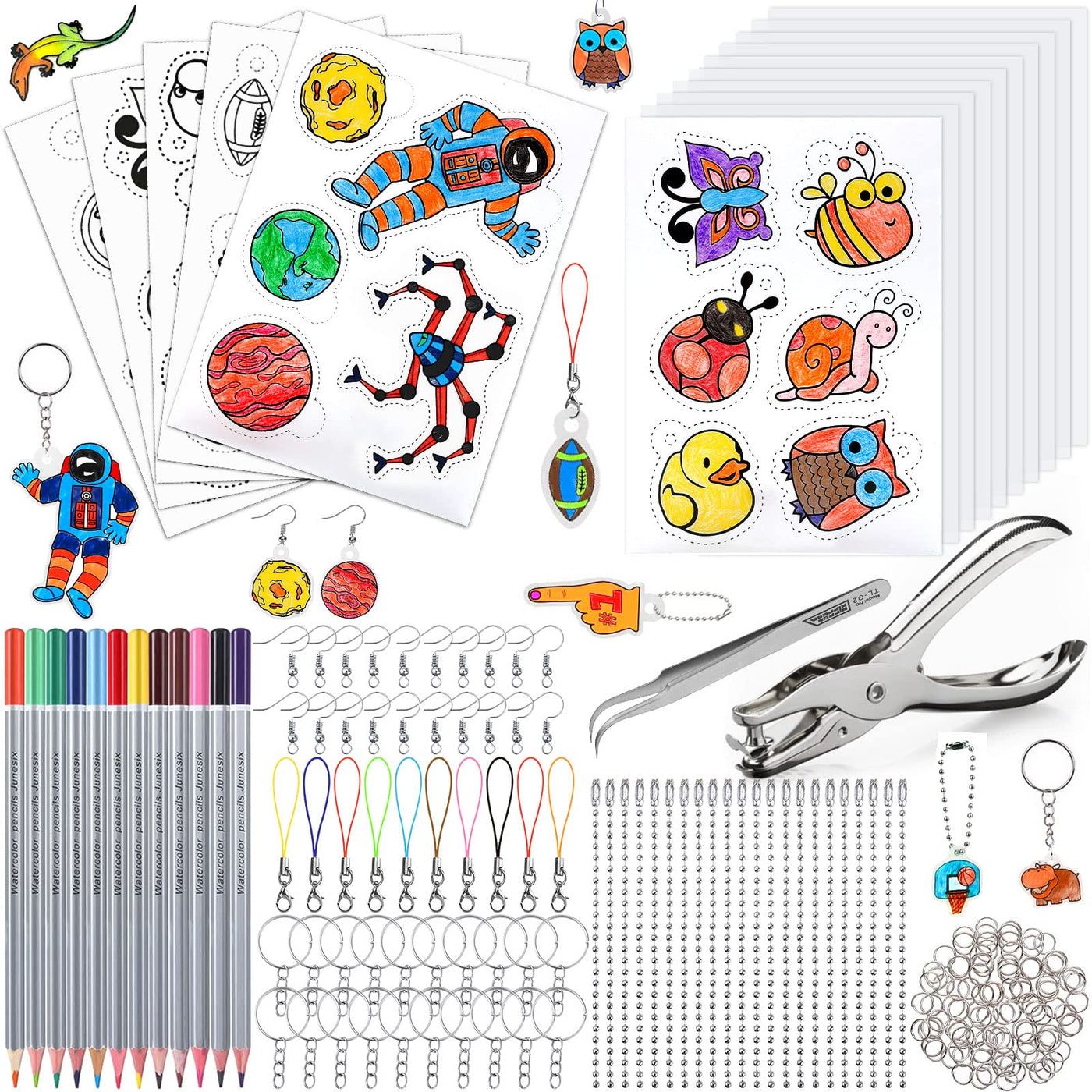 Shrink wrap set for handicrafts, including A5 shrink paper, key ring, pencils, hole punch, tweezers for DIY