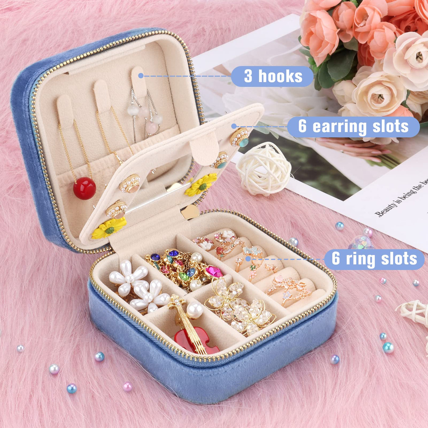 Petite boîte à bijoux de voyage en velours avec miroir, Petite boîte à bijoux organizer