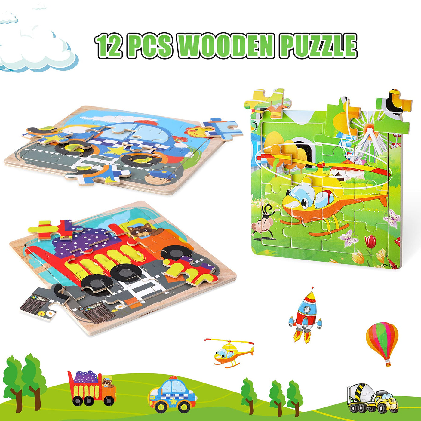 Wooden animal puzzles with 9 pieces and organizer bag for each puzzle for children