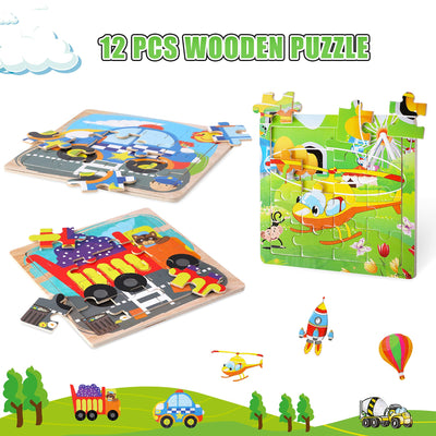 Wooden animal puzzles with 9 pieces and organizer bag for each puzzle for children