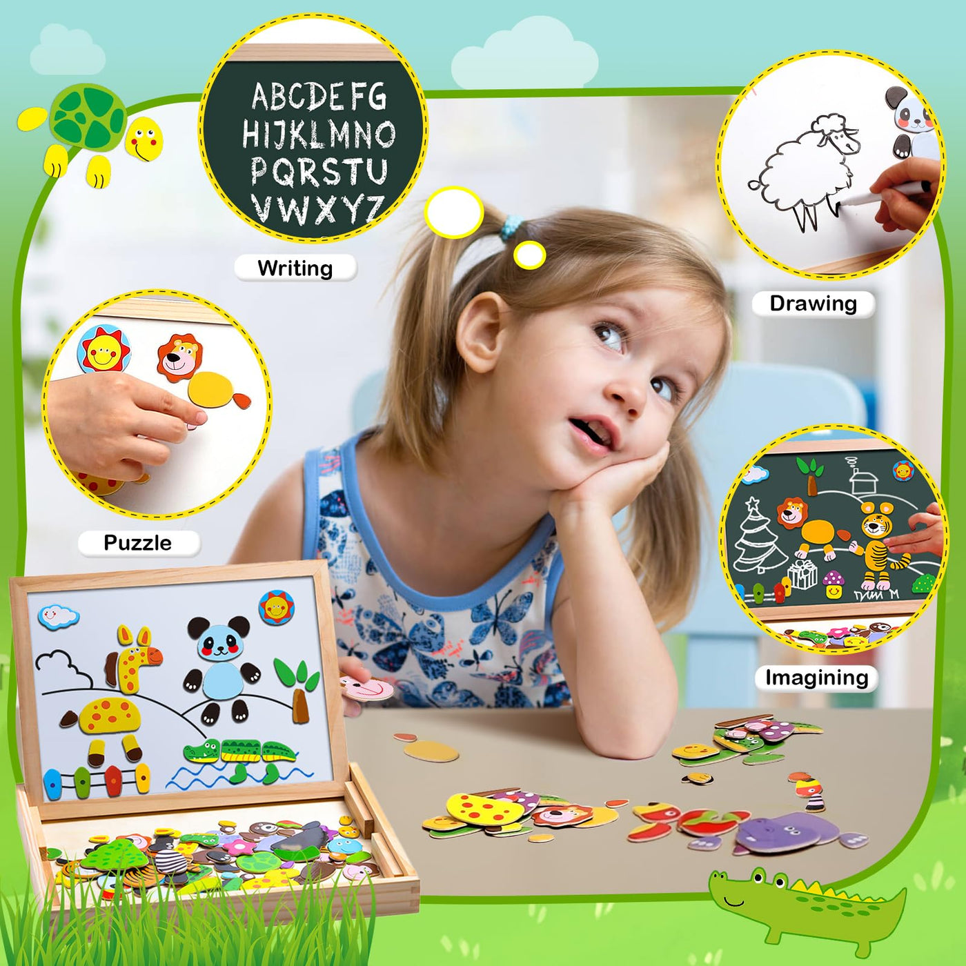 Magnetic wooden puzzles, double-sided magnetic drawing board with 3 color markers for children