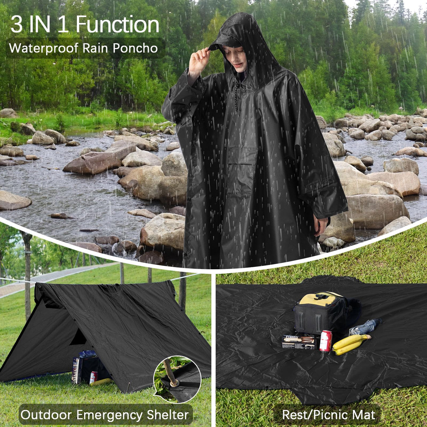 Rain cape Raincoat Rain jacket Waterproof Hiking Cycling Outdoor 3in1 Multipurpose