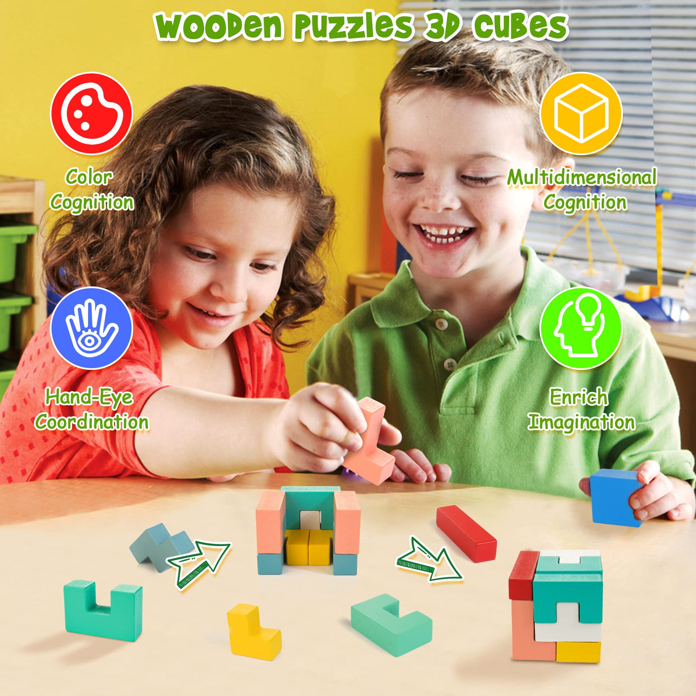 Multifunctional toy 3D piecing bricks tangram puzzle wooden toy 3-in-1 pattern blocks brain teasers brain training