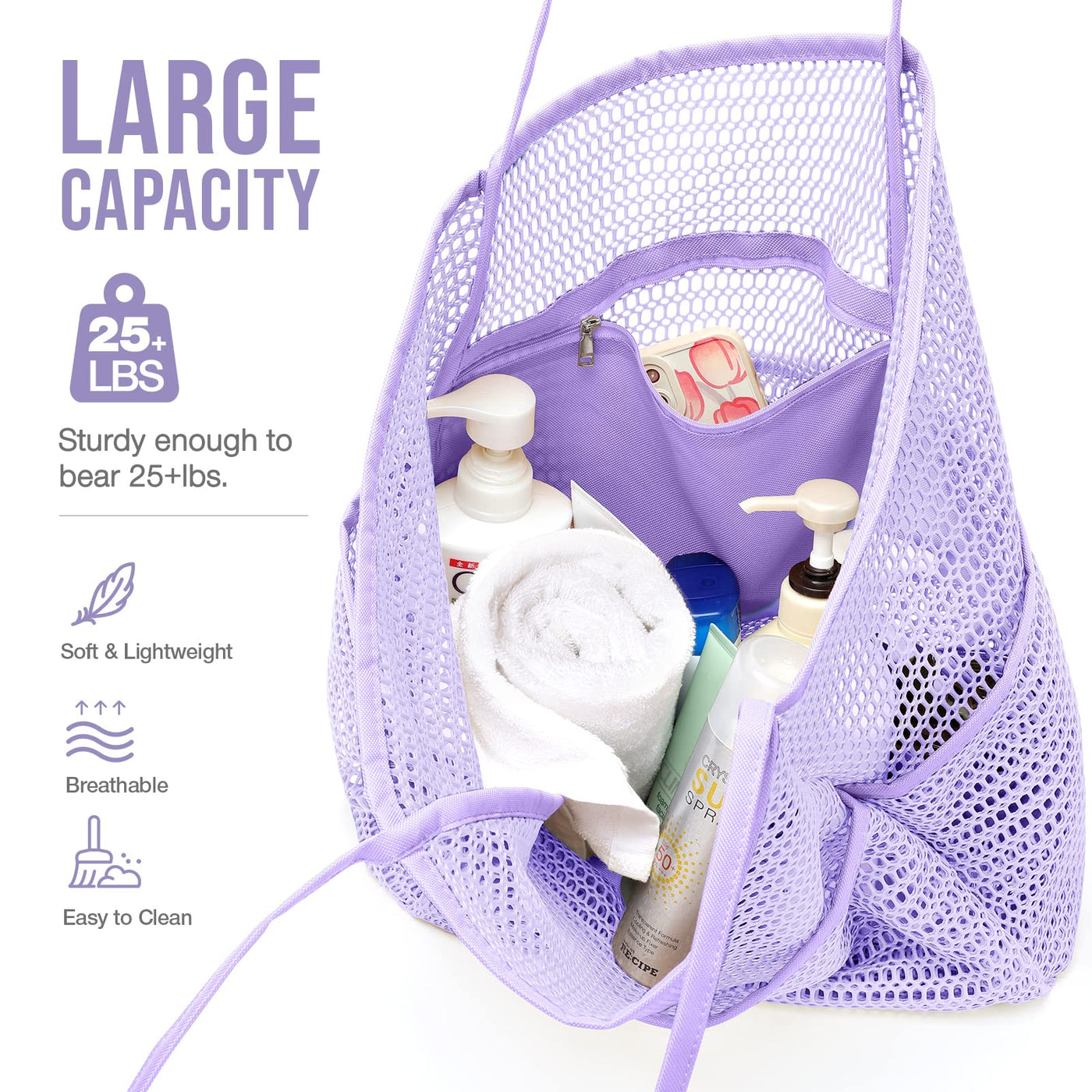 Sac de plage en maille, grand, pliable, sac de natation en maille avec poches, étanche au sable, étanche à l'eau