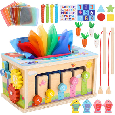 Spielzeug ab 1 2 3 Jahren, 6-in-1 Tissue Box mit Knitterstoff, Motorische Fähigkeiten Würfel Holzspielzeug, Kinderspielzeug aus Holz, Motorische Fähigkeiten Spielzeug ab 1 Jahr