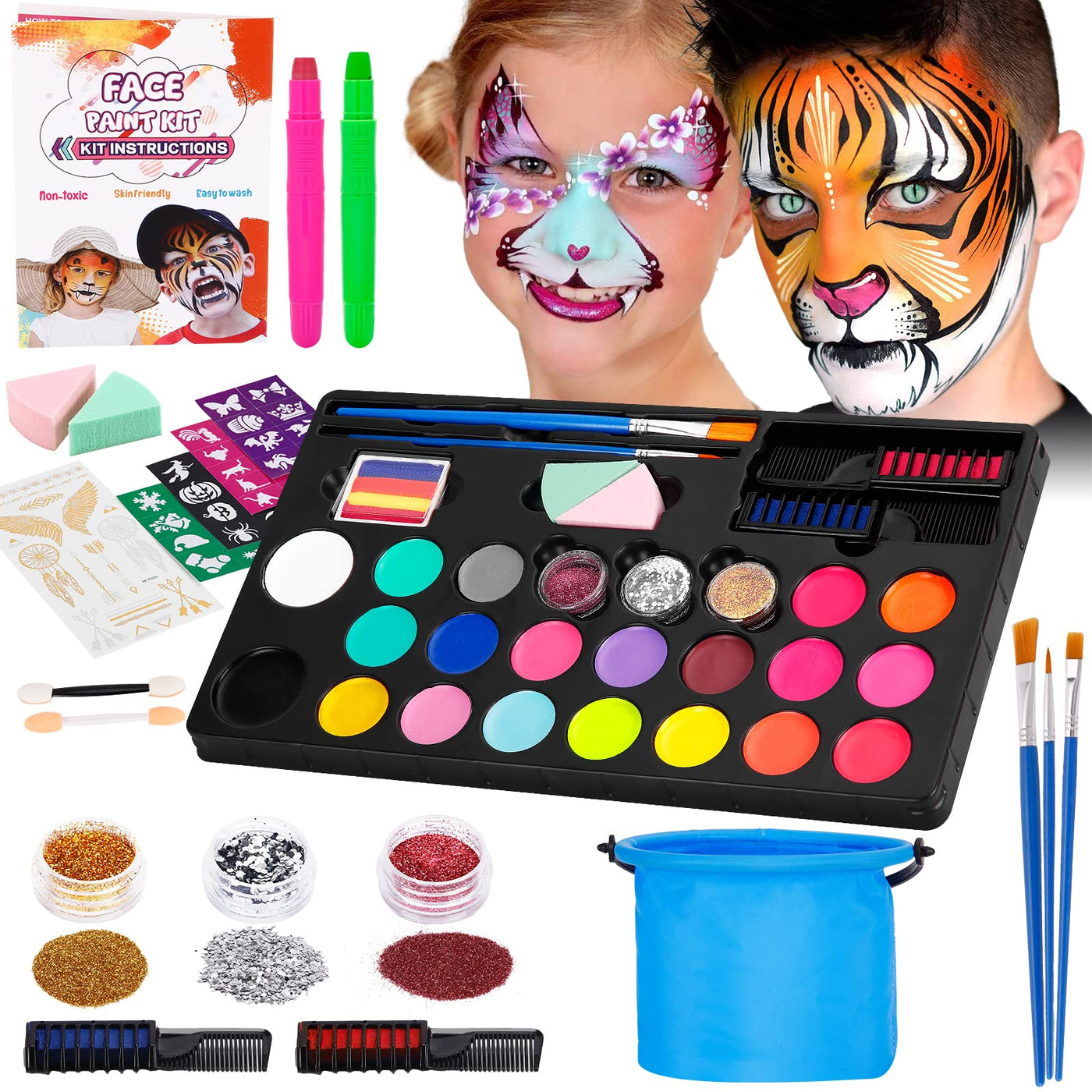 Children's make-up set, 20 colors water-based, quick-drying, non-toxic children's make-up, hair crayons brushes body paints children's make-up, face paints for dressing up carnival make-up