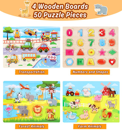 Set of 4 wooden puzzles - children's toy motor skills toy - jigsaw puzzle