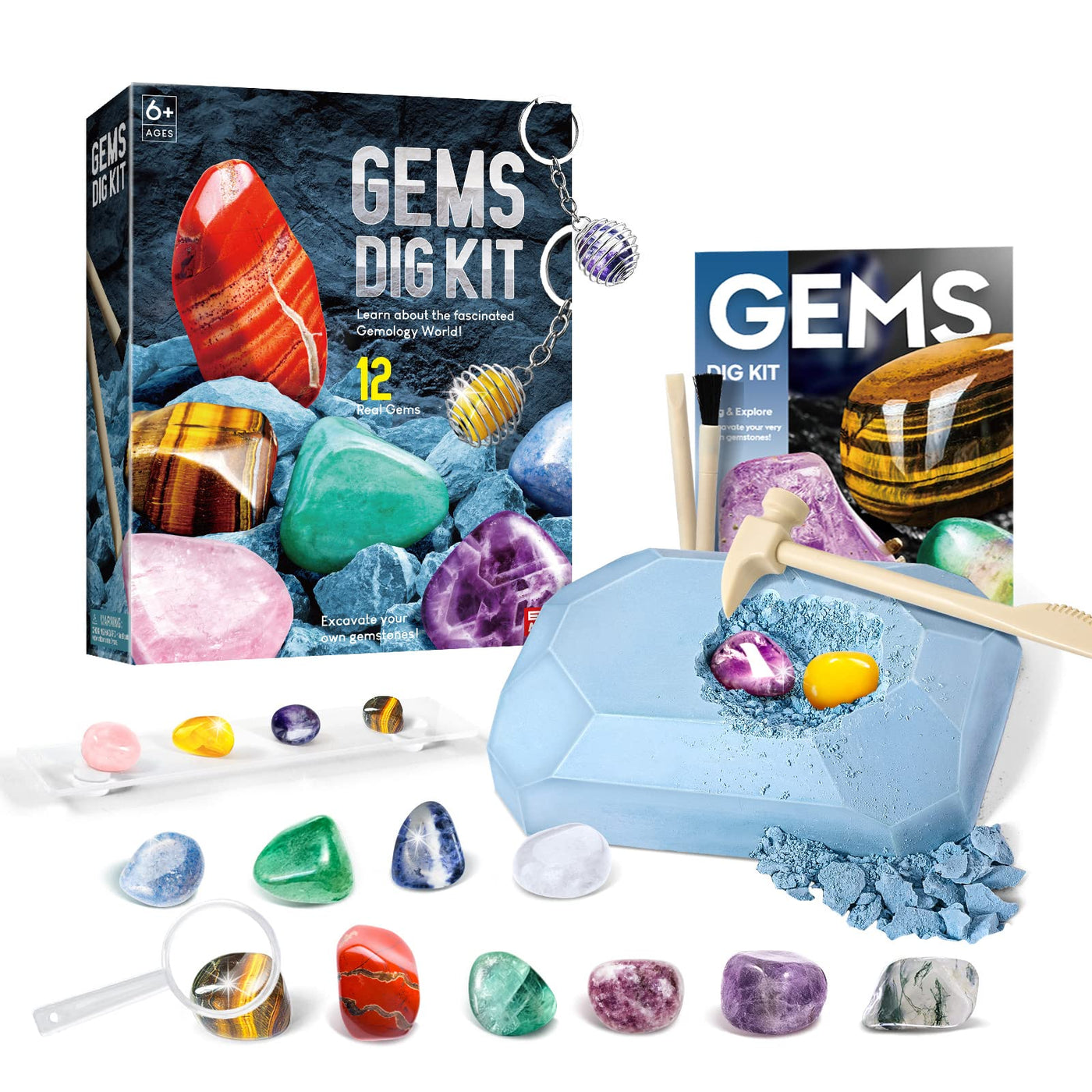 Excavation set for children Experiment set Excavate 12 real minerals gemstones yourself, with hammer and chisel