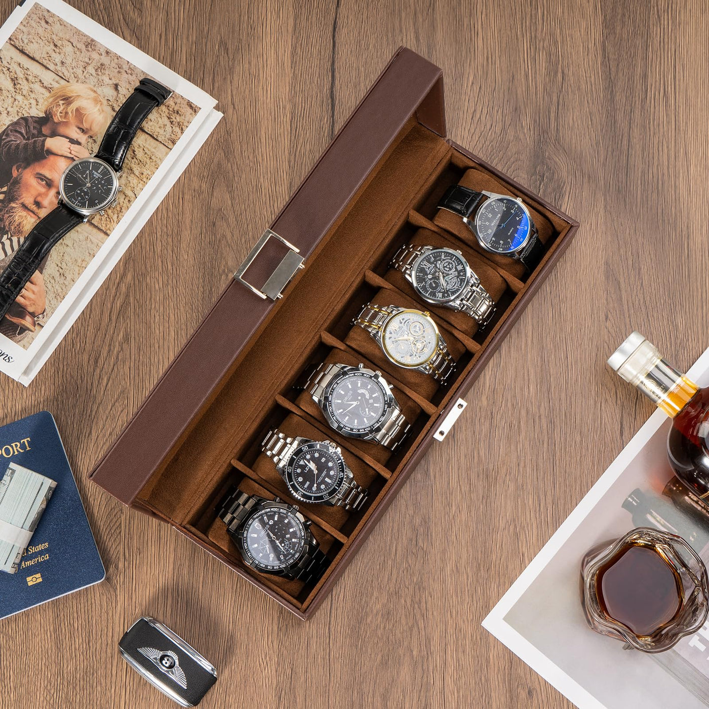 Boîte à montres avec 6 compartiments, boîte à montres avec couvercle en verre, boîte à montres avec coussin pour montres, rangement pour montres