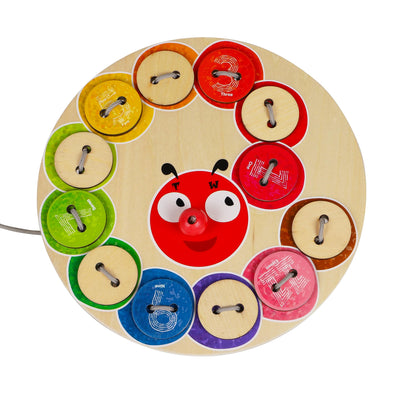 Caterpillar threading toy made of wood Clothes and buttons, educational learning at preschool age - shoelaces, color counting, sorting, travel game