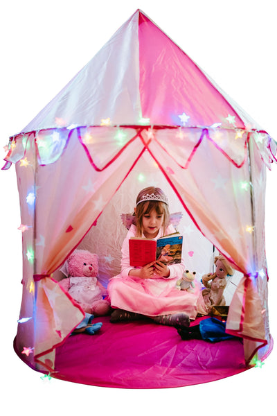 Princess castle play tent for children, multicolored LED lights