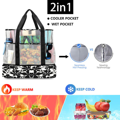 Mesh Beach Bag Large Foldable with Waterproof Cooler Bag