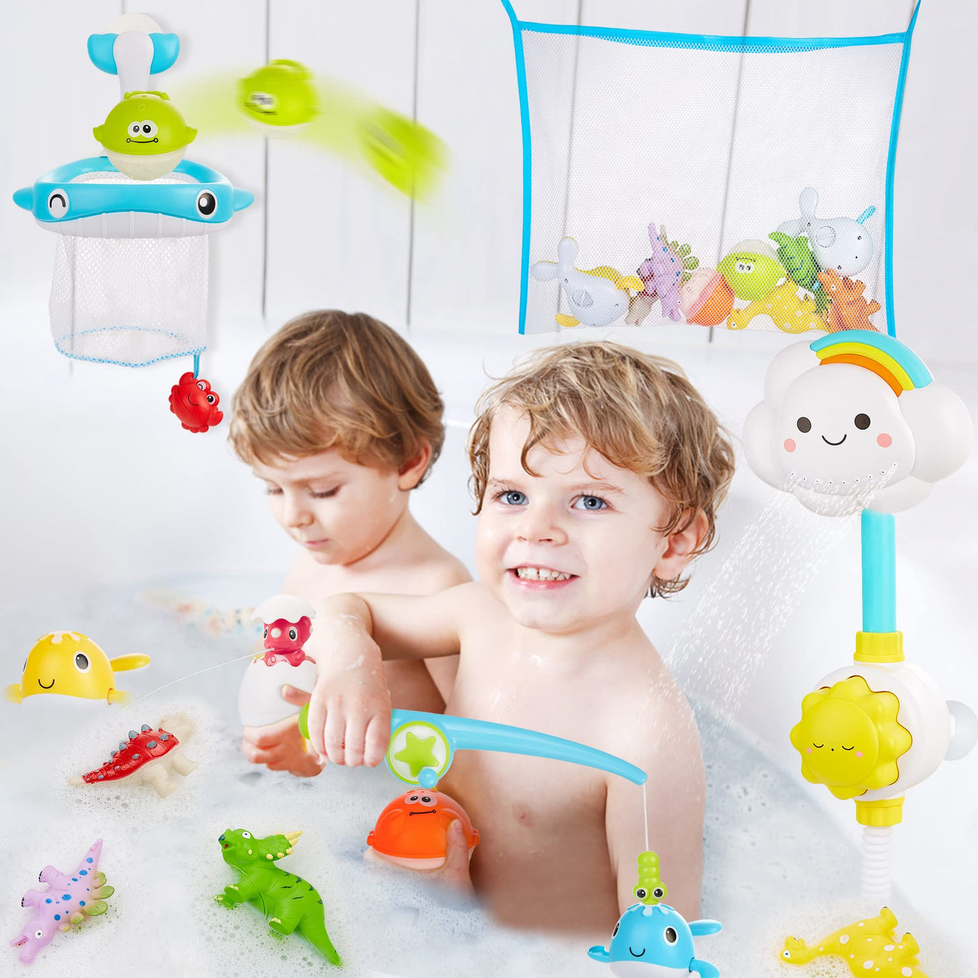 Jouet de baignoire avec sac de rangement, jouet de bain jouet de baignoire jouet d'eau enfants avec douche, jeu de pêche de dinosaure sans moule à remonter