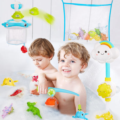 Jouet de baignoire avec sac de rangement, jouet de bain jouet de baignoire jouet d'eau enfants avec douche, jeu de pêche de dinosaure sans moule à remonter