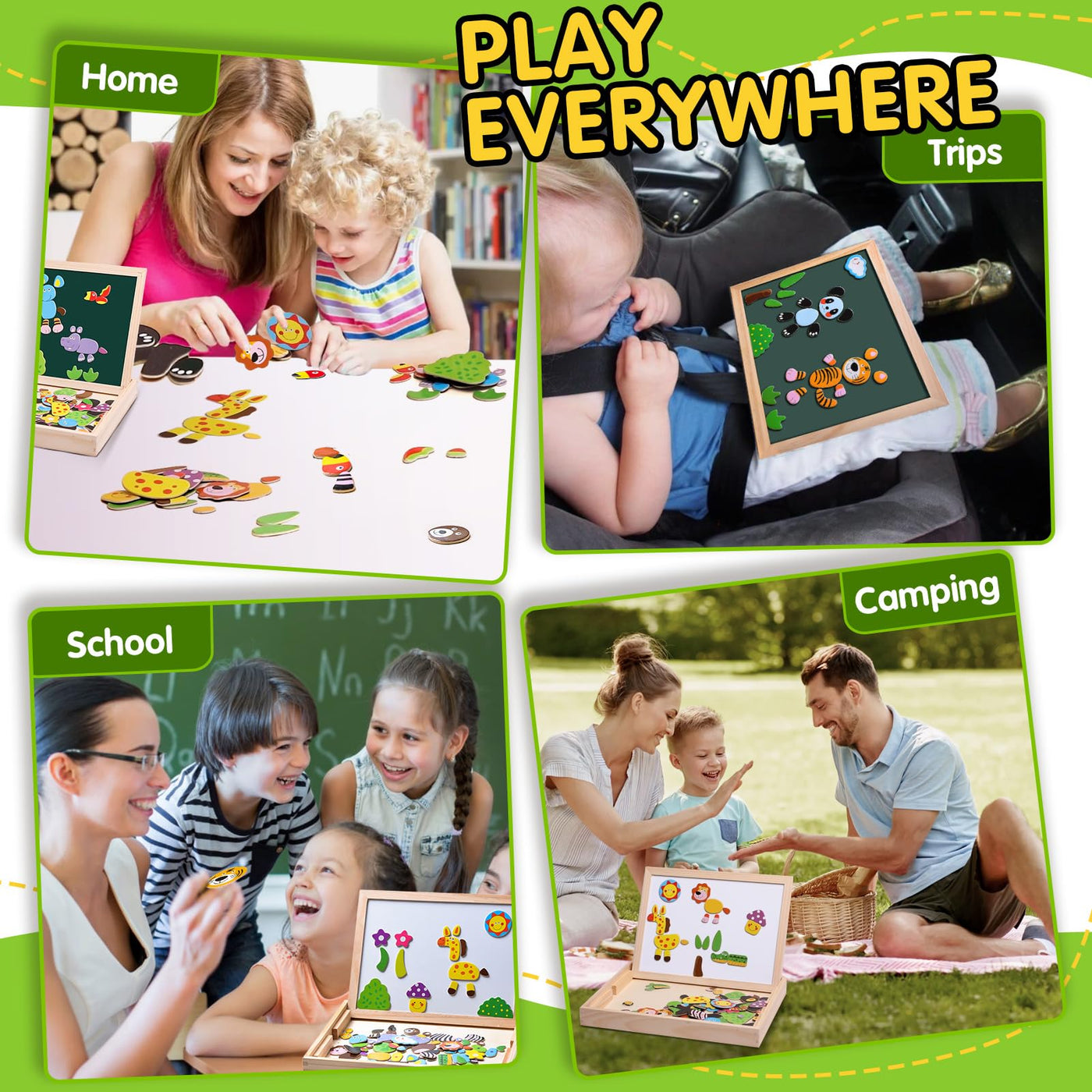 Magnetic wooden puzzles, double-sided magnetic drawing board with 3 color markers for children