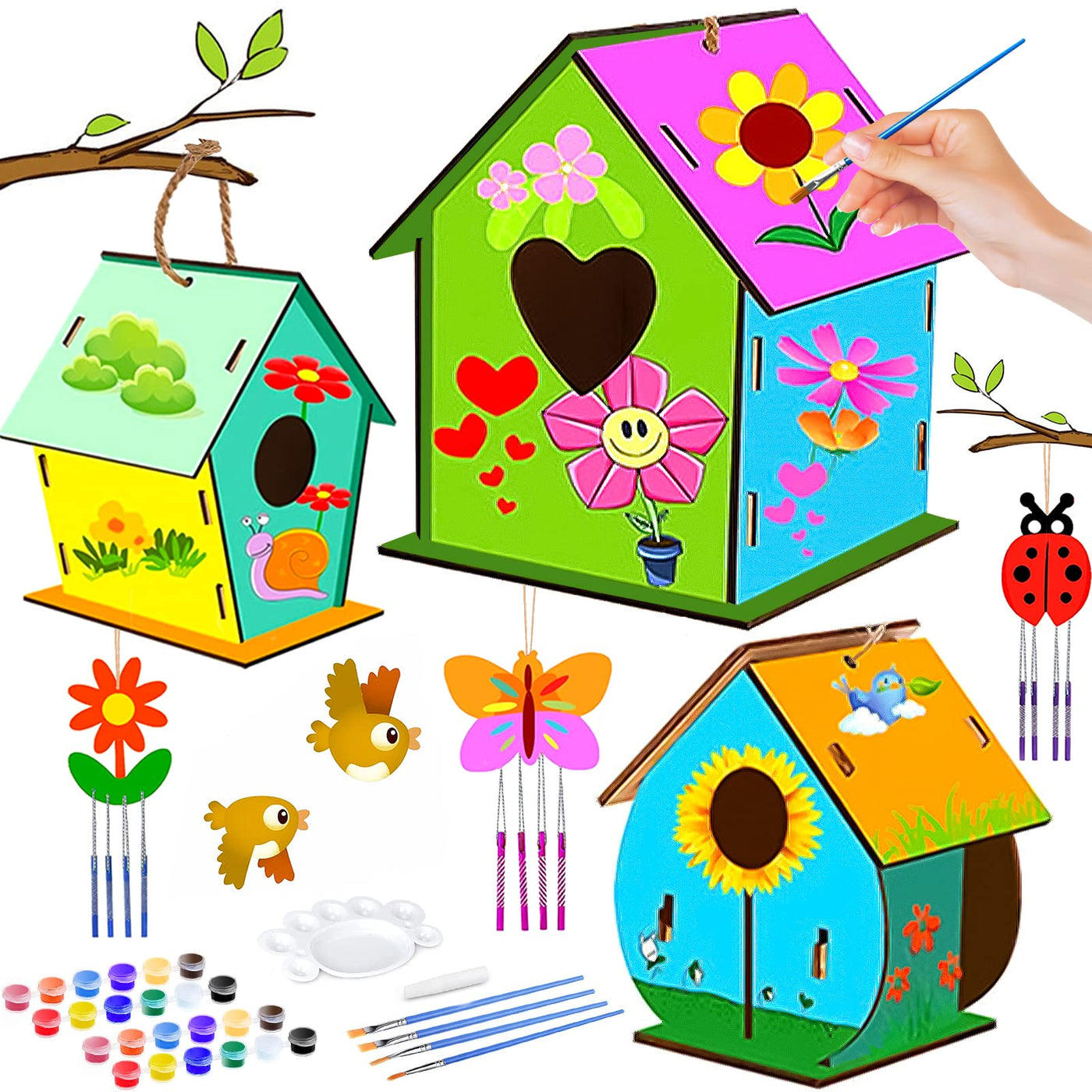 3 pieces DIY wooden birdhouse kit for children,DIY birdhouse kit for children,with pigment,Small handmade wooden birdhouse