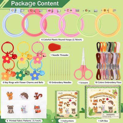 Set de 6 pièces de point de croix pour enfants, sets de broderie avec des motifs d'animaux de la forêt, set de travaux d'aiguille pour enfants avec instructions pour des porte-clés DIY
