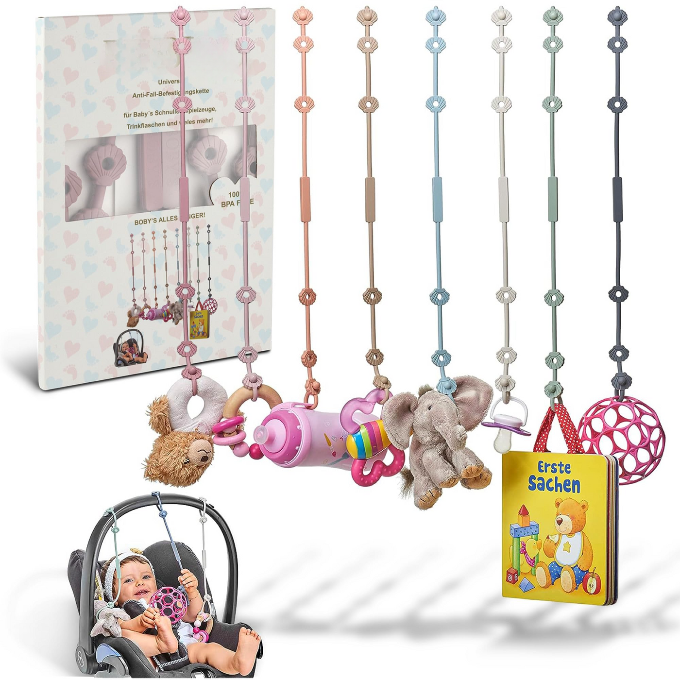 BPA-free baby carriage toy chain/expandable baby cup holder strap/pacifier chain for baby gadgets such as drinking cups or teething rings as baby carriage accessories