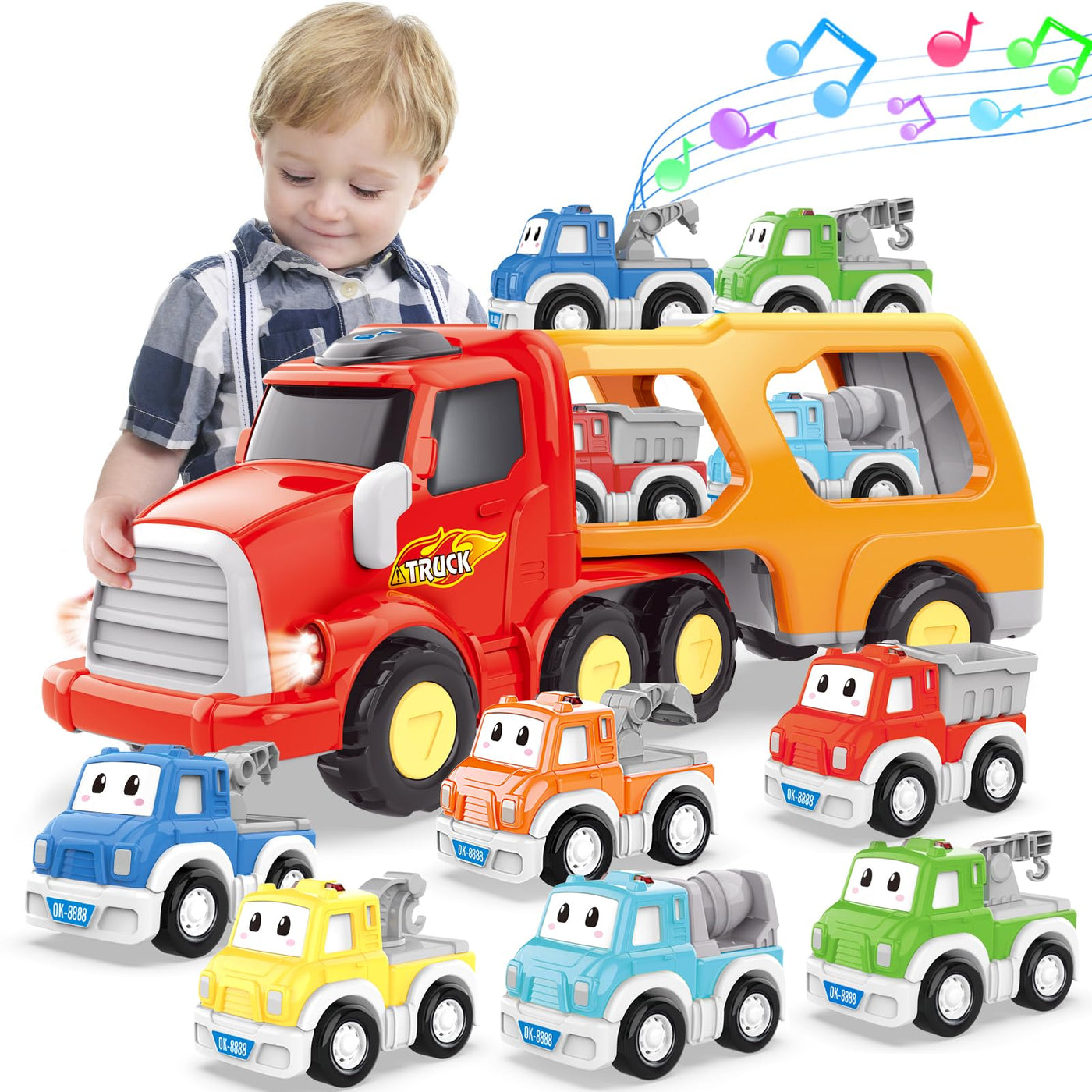 Toy car, 7 in 1 toddler transporter truck toy with light and music