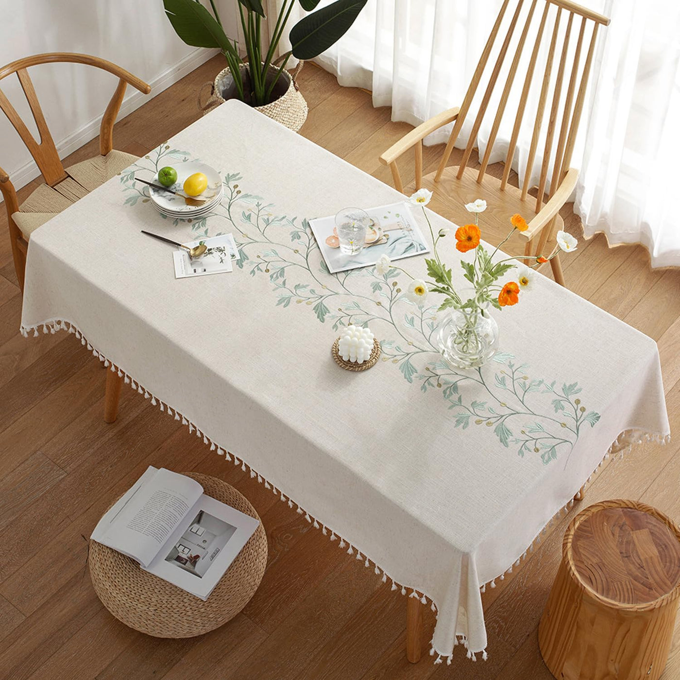 Tablecloth Rectangular Cotton Linen Tablecloth Washable Antifouling Tassel Design for Kitchen, Dining Room, Picnic, Outdoor, Garden